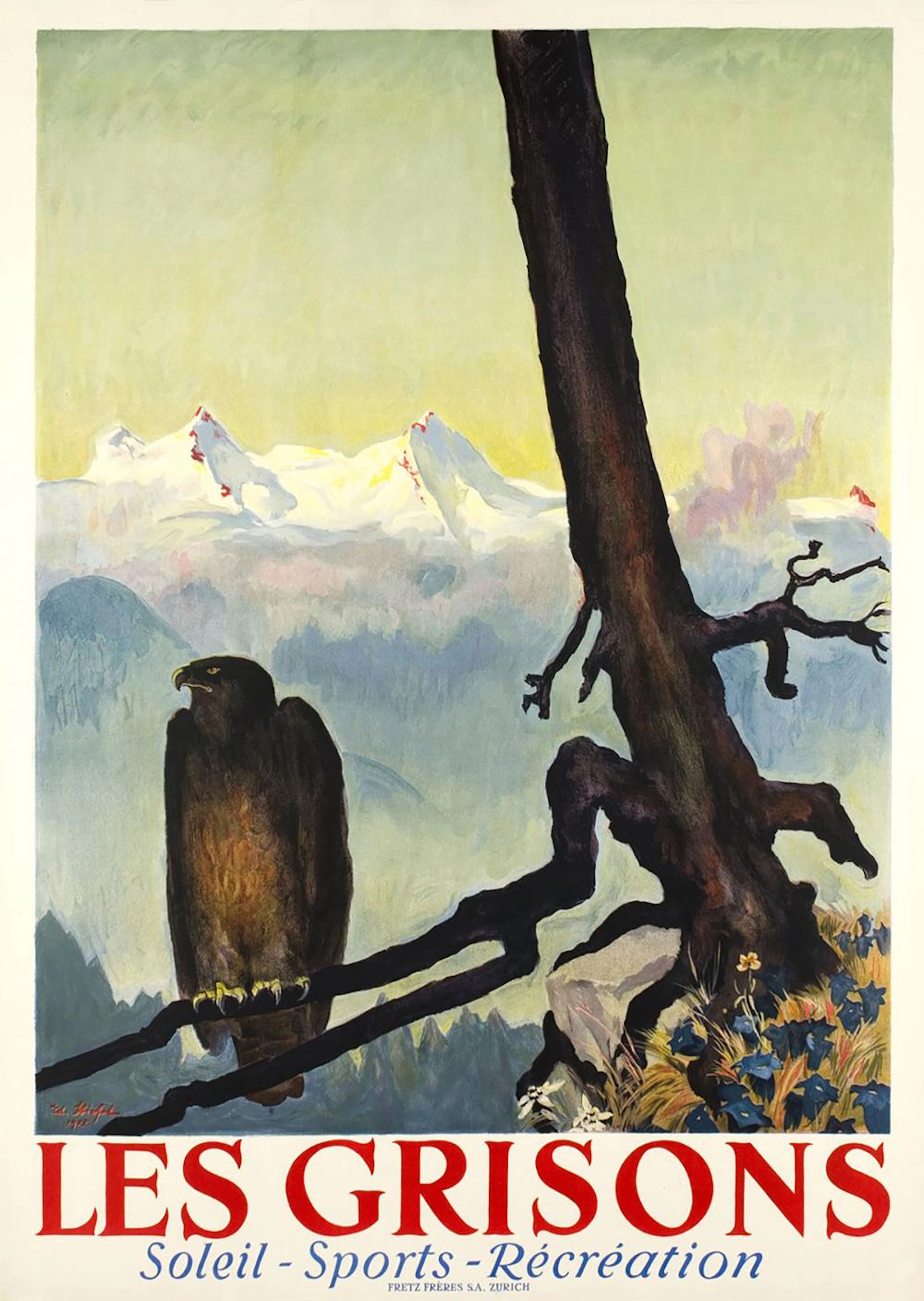Les Grisons - Eagle Original Vintage Swiss Travel Poster by Eduard Stiefel 1947