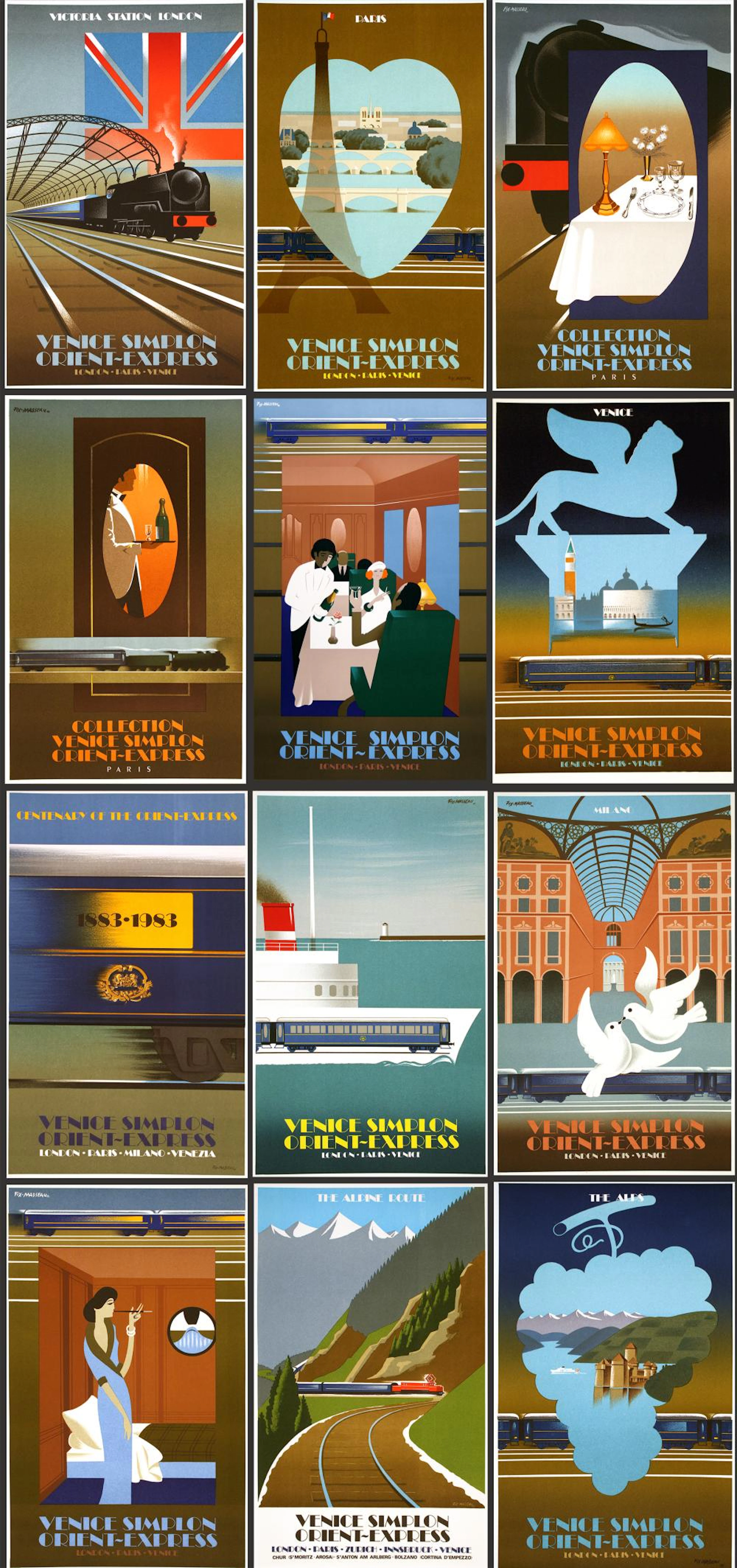 Original Vintage Venice Simplon Set of 12 Posters by Pierre Fix Masseau 1985
