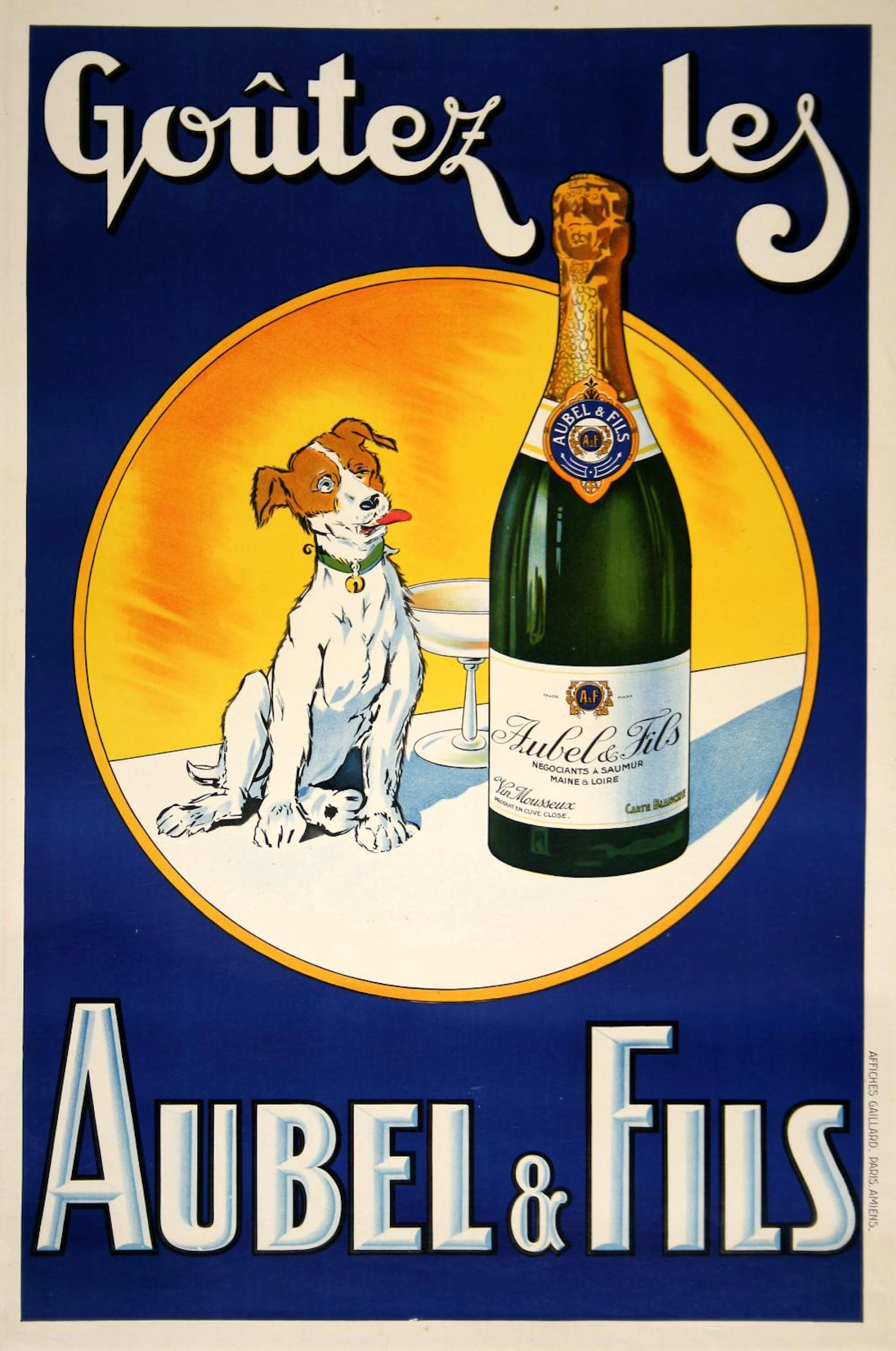 Original Vintage French Champagne Drinking Dog Poster - Aubel & Fils