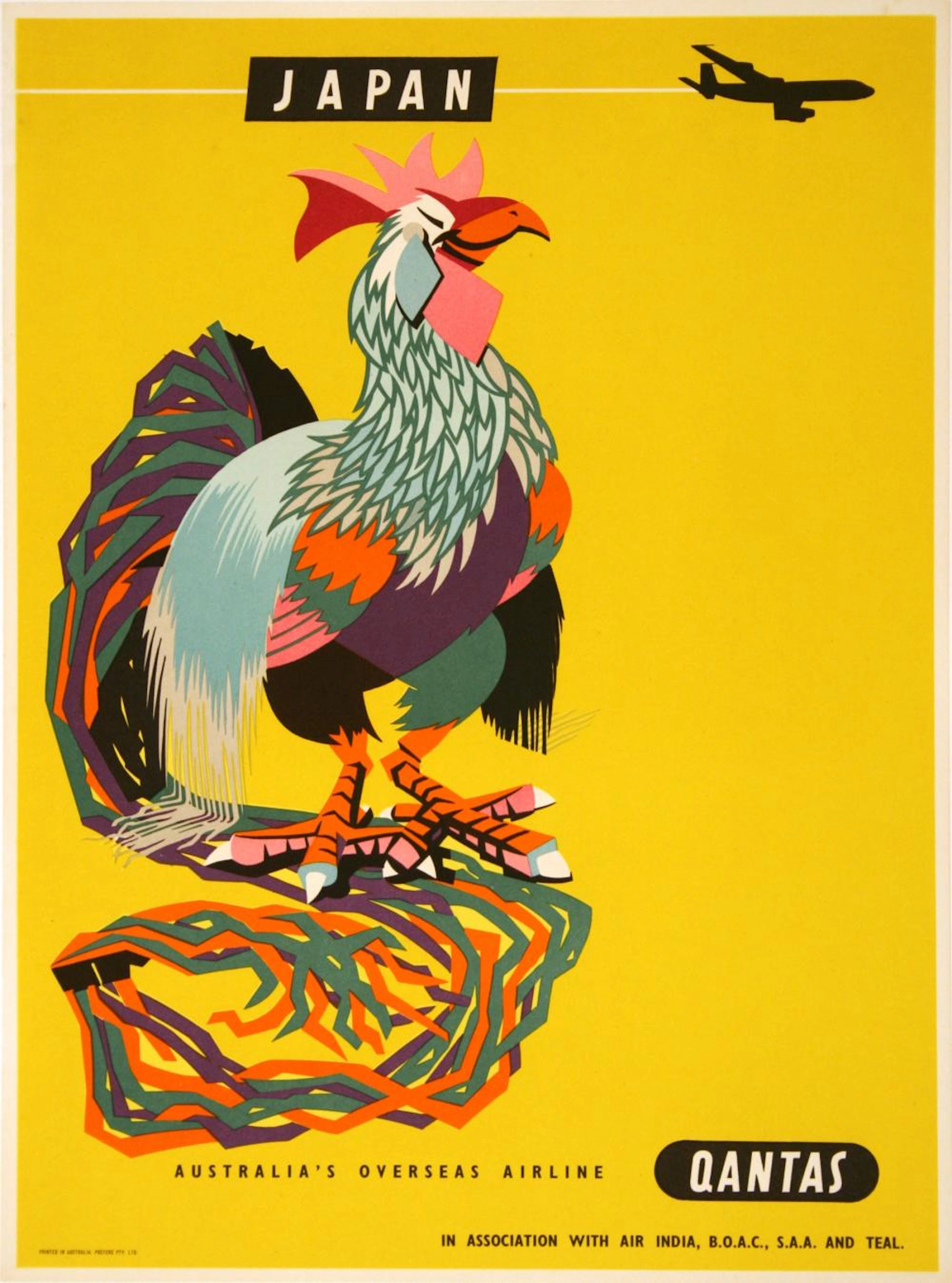 Original Qantas - Japan Rooster Poster c1960 by Harry Rogers