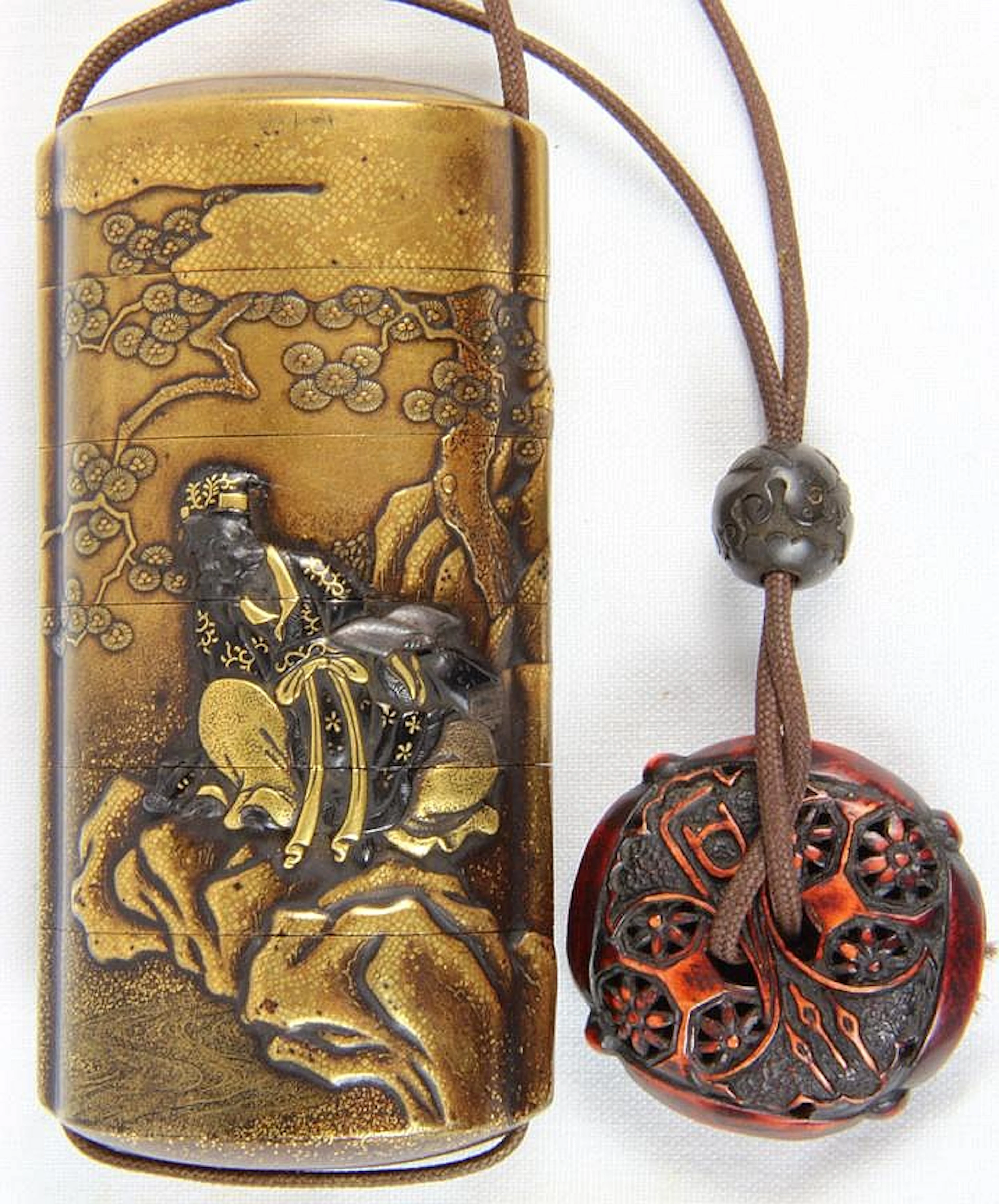 Five Compartment Inro with Anabori Netsuke and Ojime