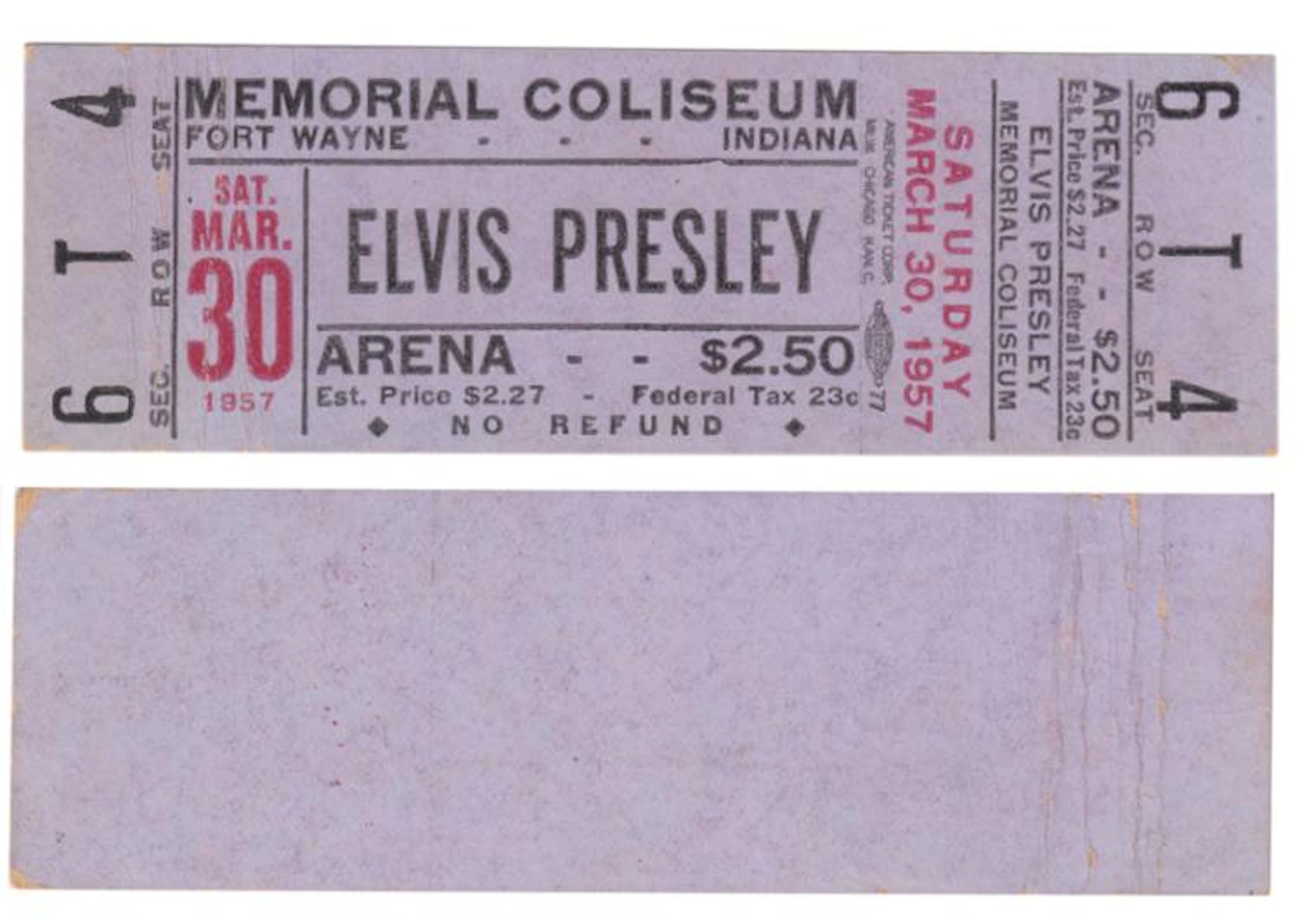 Full, Unused Concert Ticket to the Elvis Presley Show in Fort Wayne