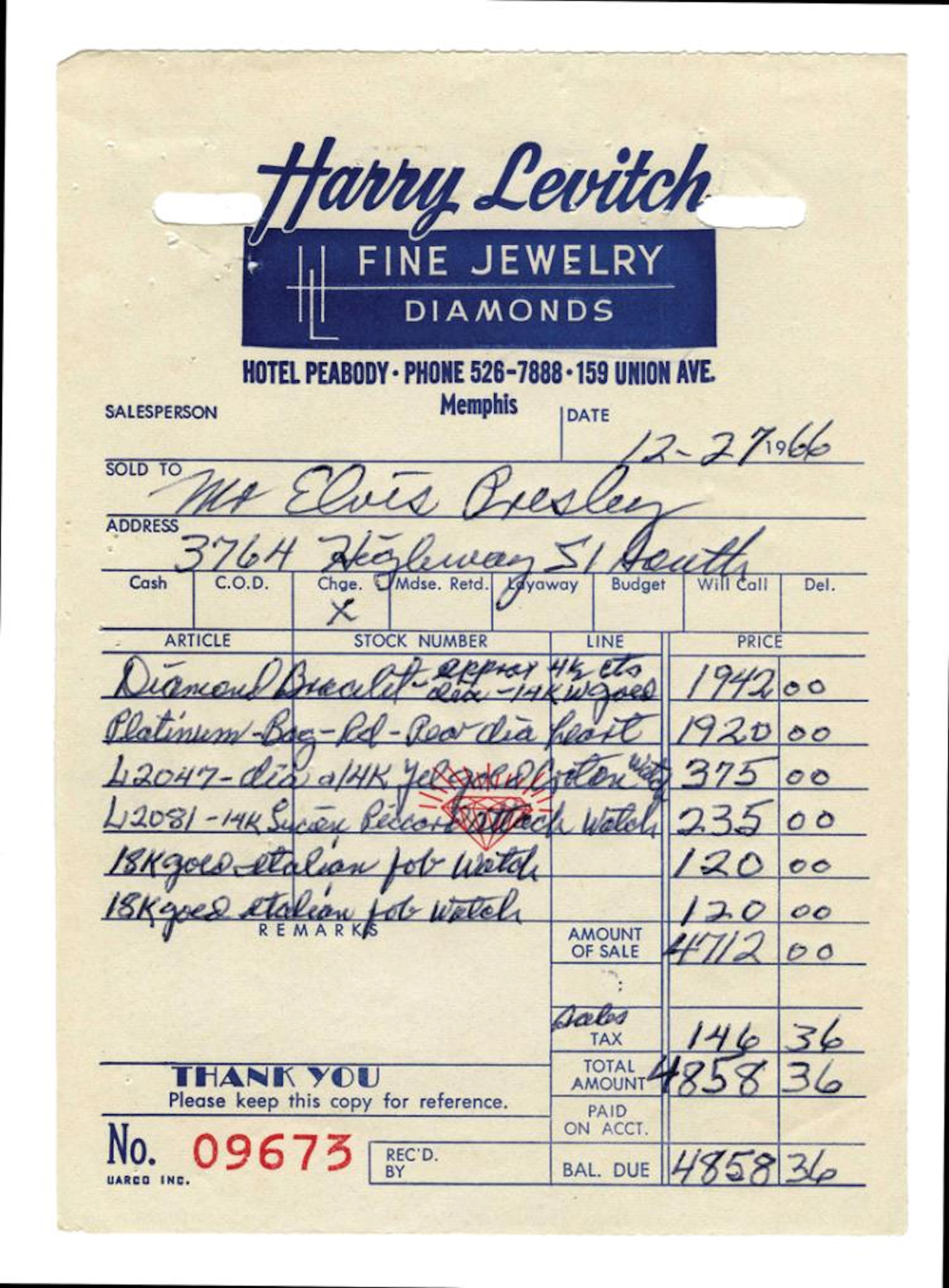 1966 Harry Levitch Invoice Receipt for Four Watches