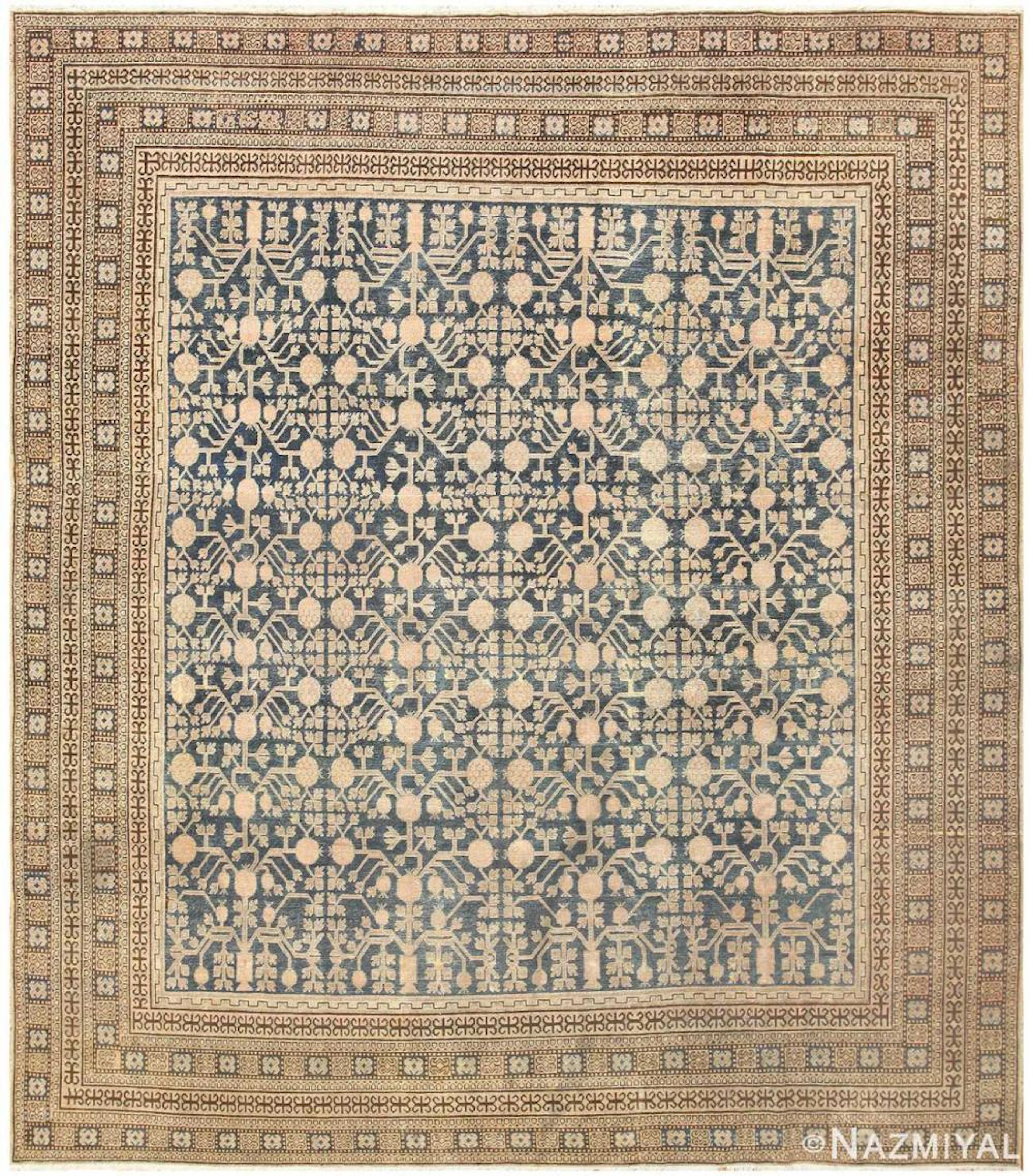 Antique Khotan carpet , East Turkestan , 9 ft 7 in x 11 ft (2.92 m x 3.35 m)