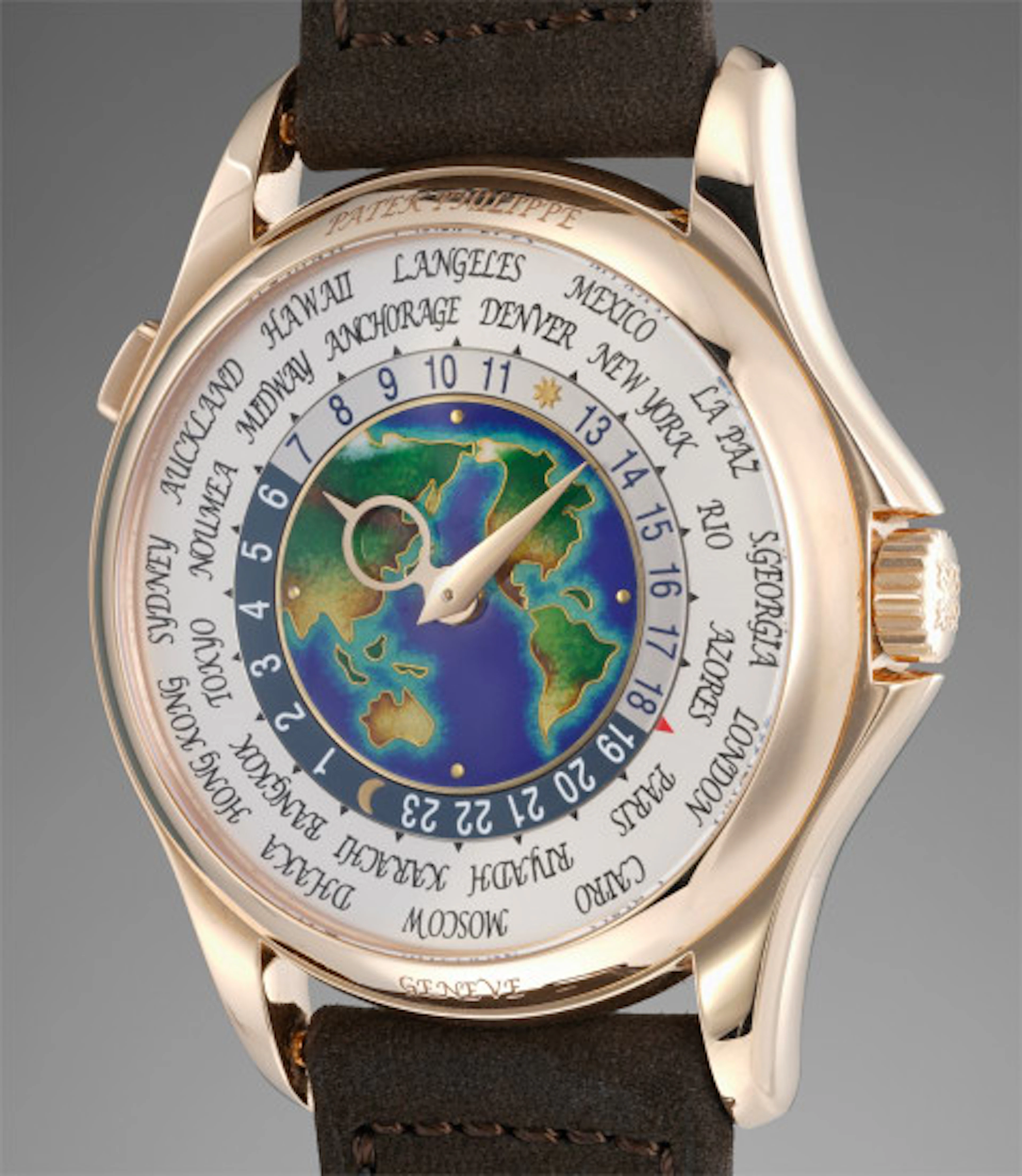 A very fine and rare pink gold world time wristwatch with cloisonné enamel dial