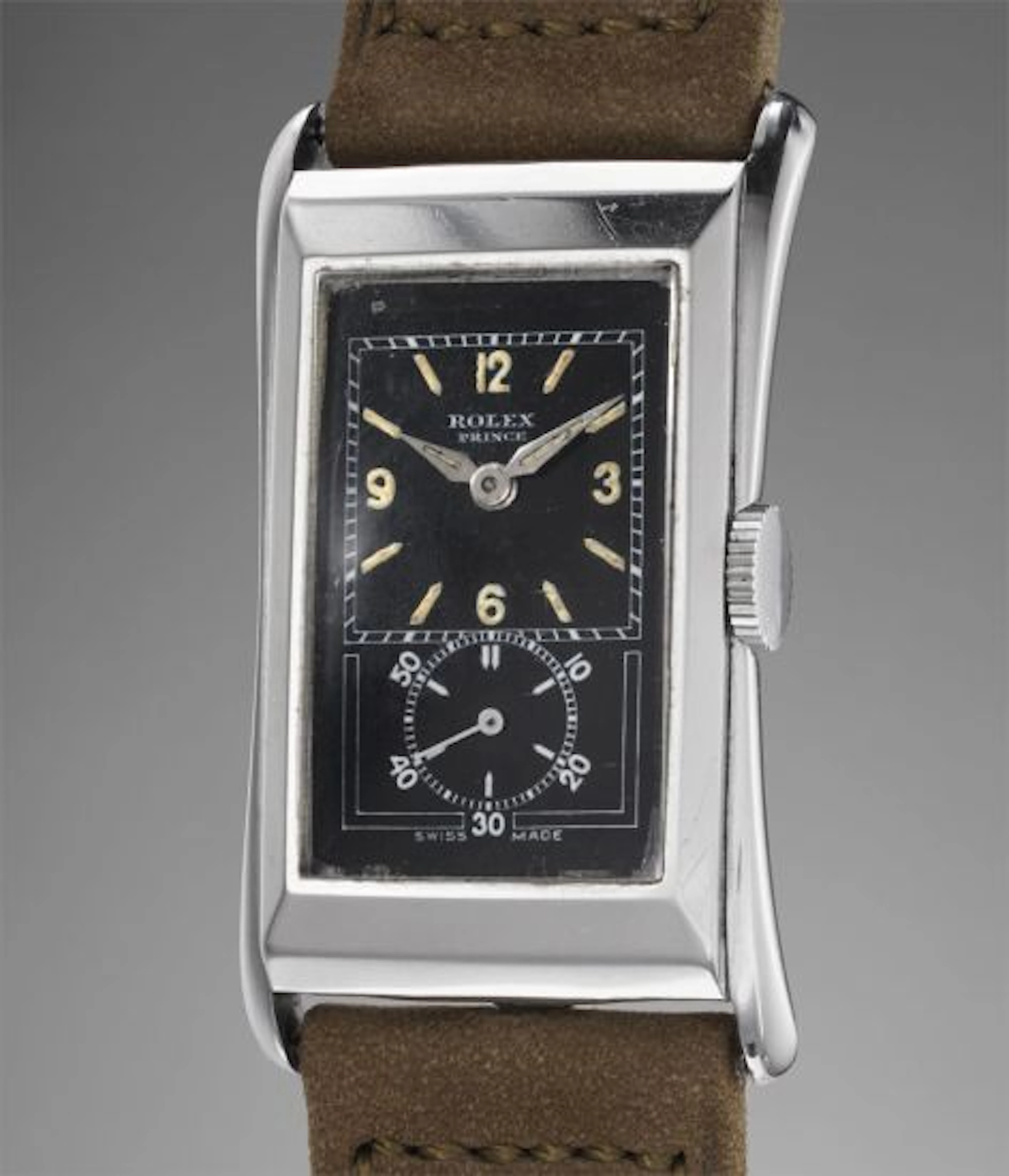 A fine and rare stainless steel rectangular wristwatch with black