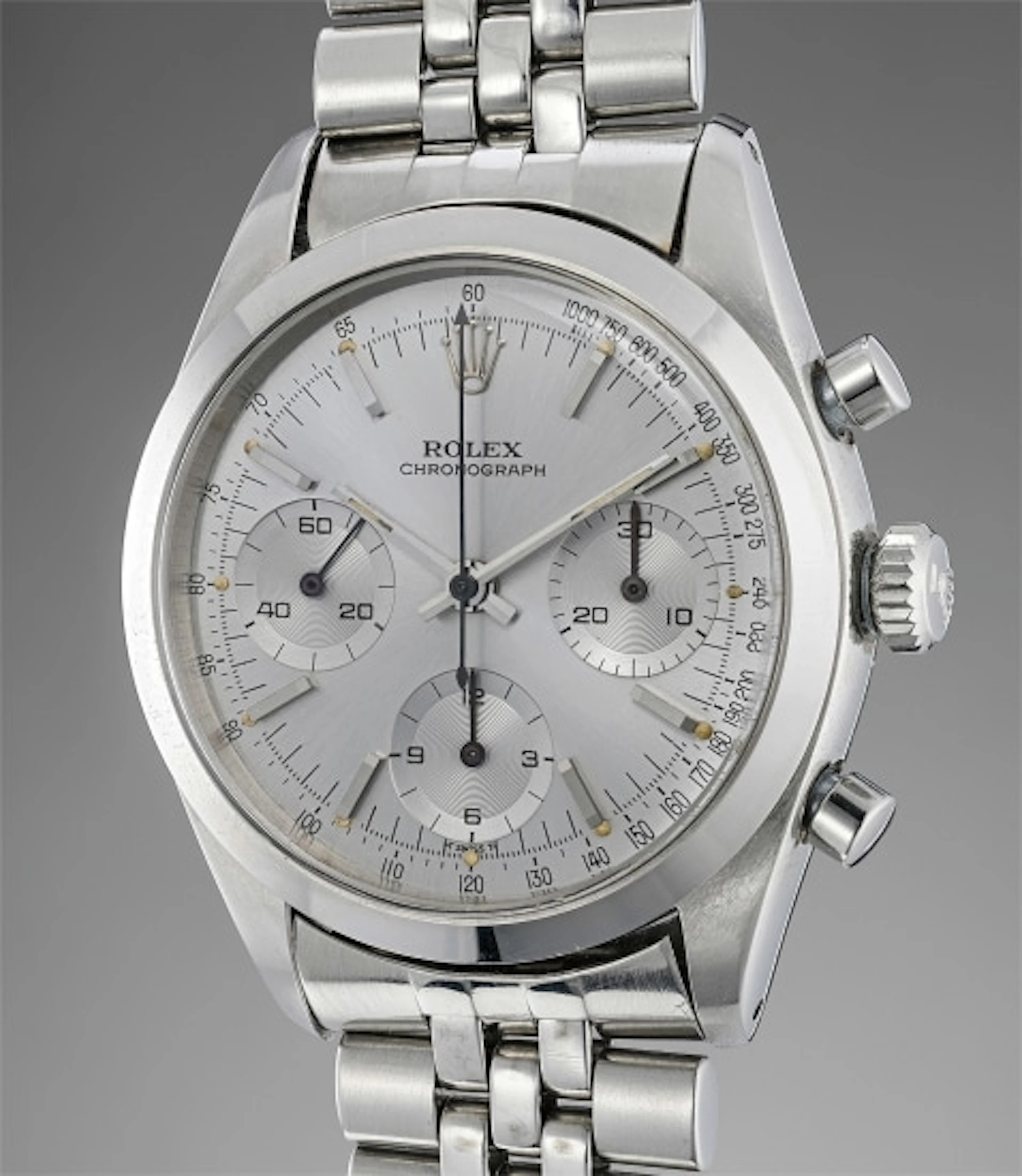 A fine and very rare stainless steel chronograph wristwatch with dark grey dial