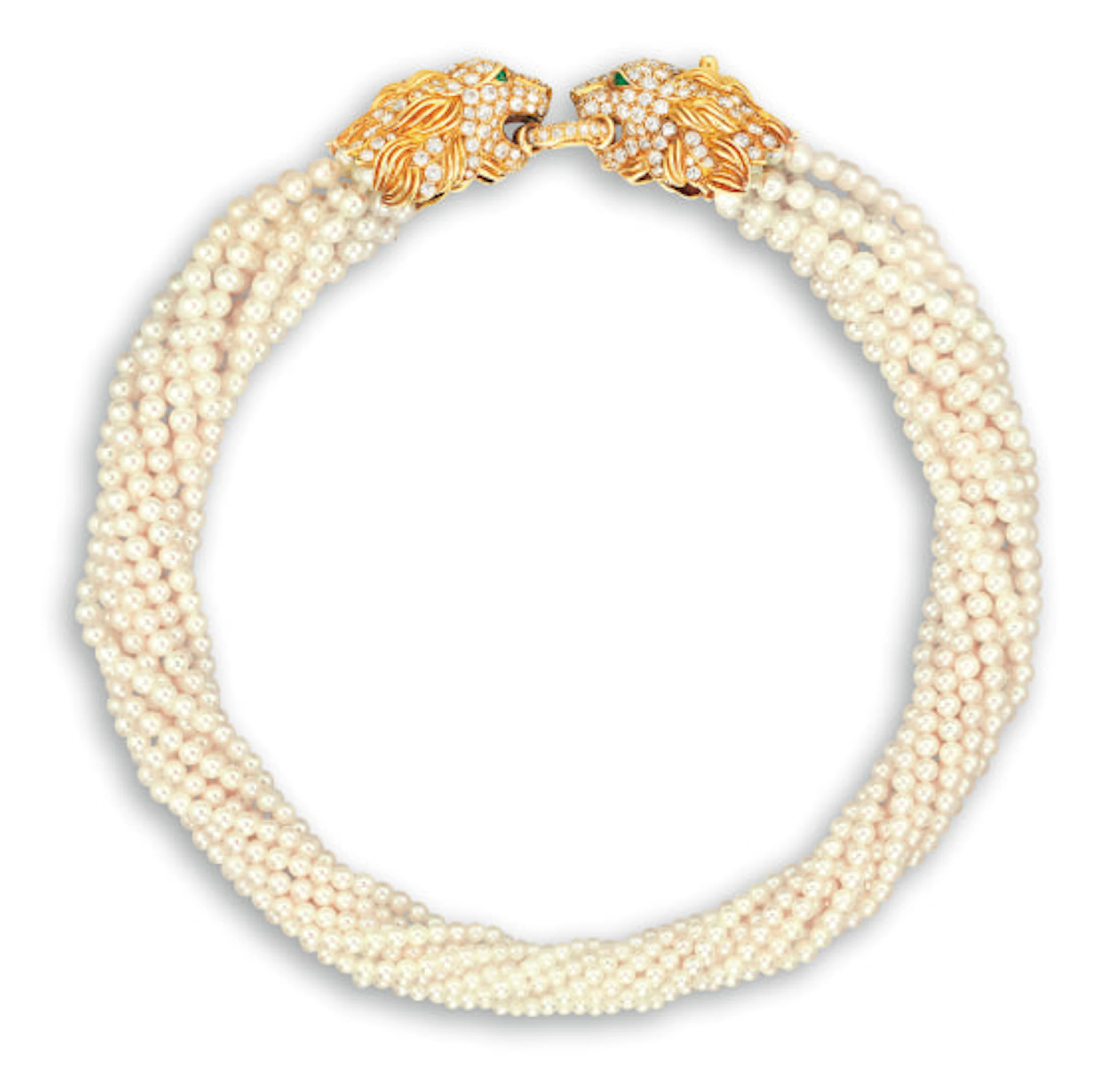 A Cultured Pearl, Emerald and Diamond 'Lion's-head' Necklace, Van Cleef & Arpels
