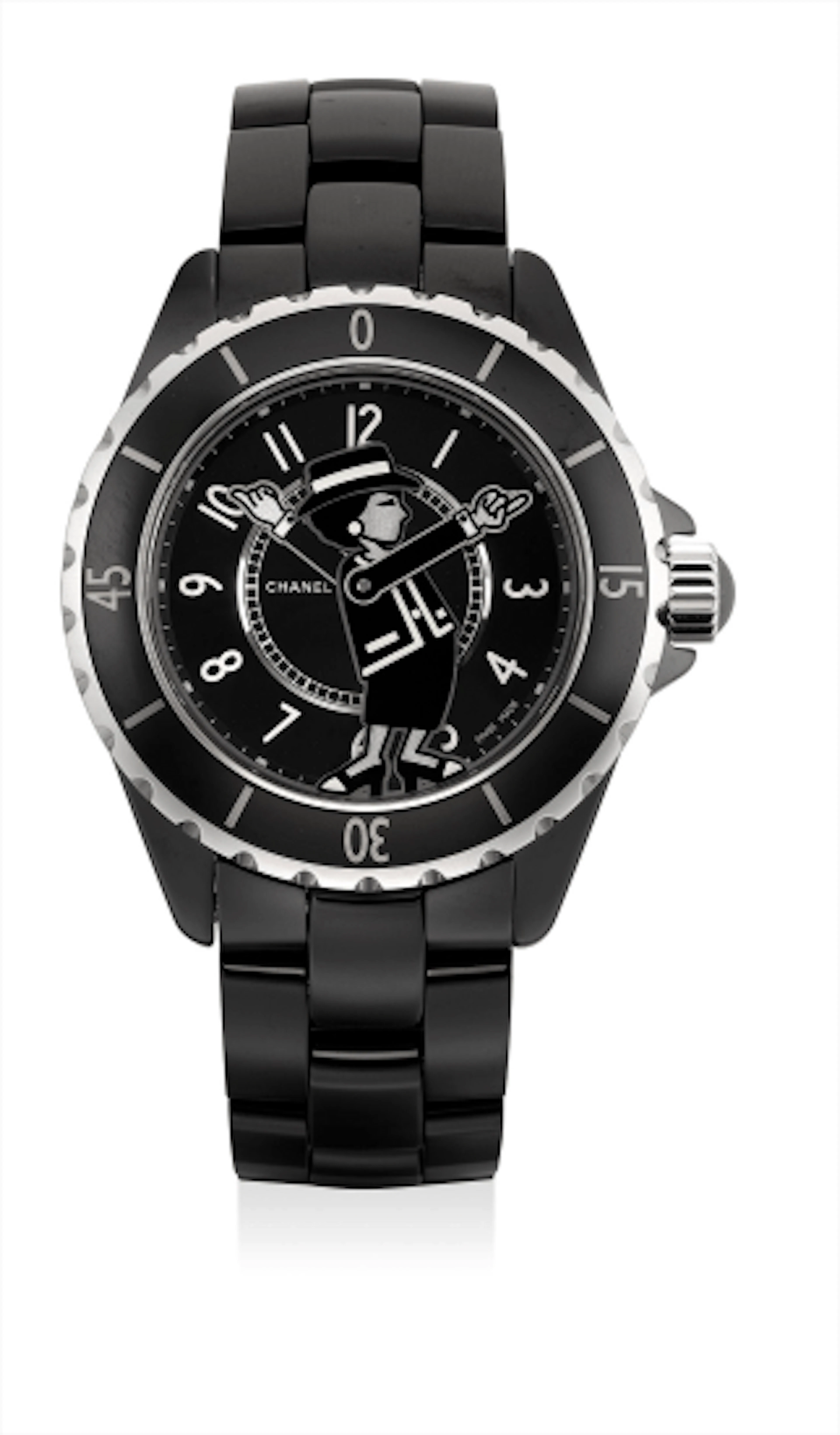 A whimsical limited edition black ceramic wristwatch with ceramic bracelet