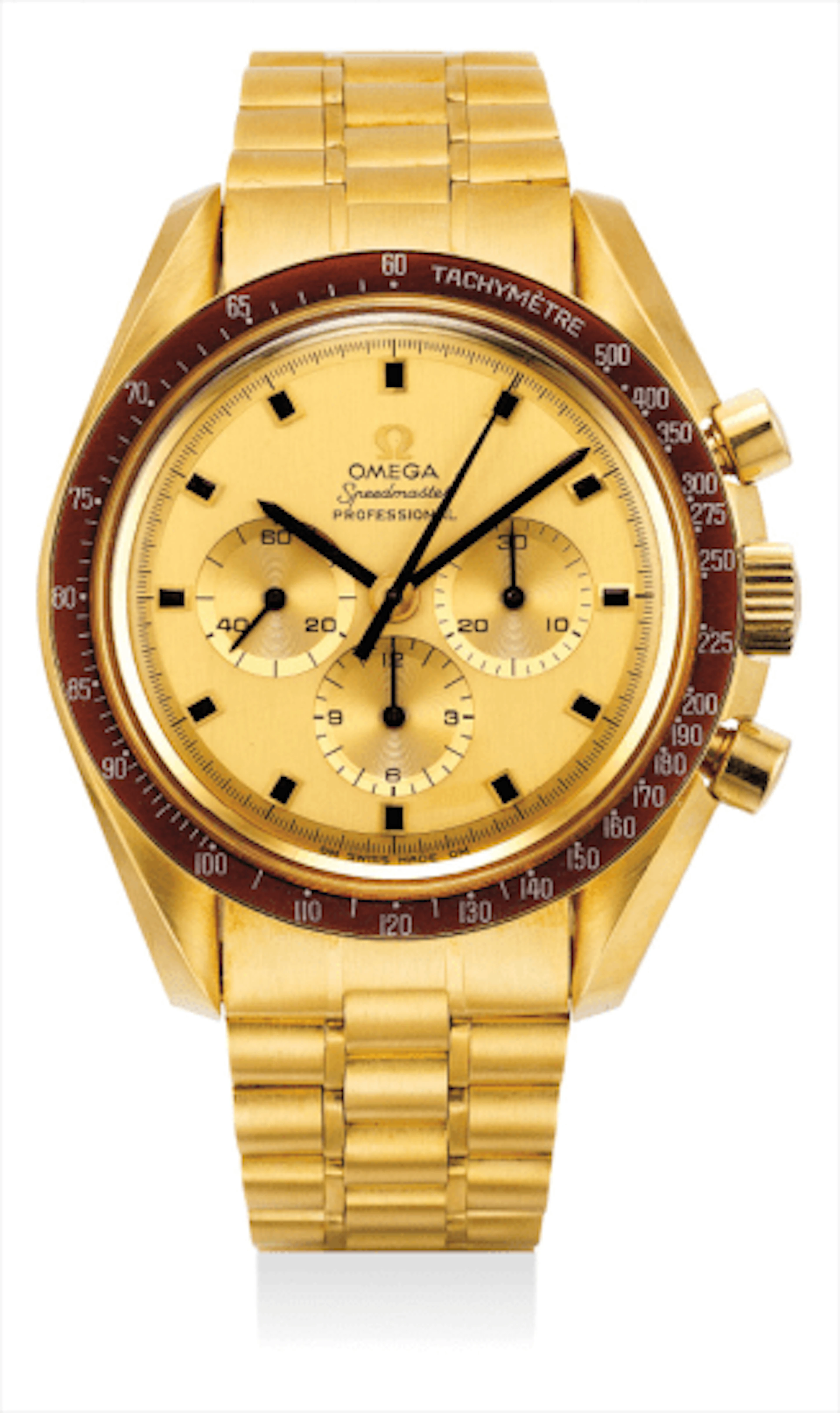 A very fine and rare yellow gold chronograph wristwatch with burgundy bezel