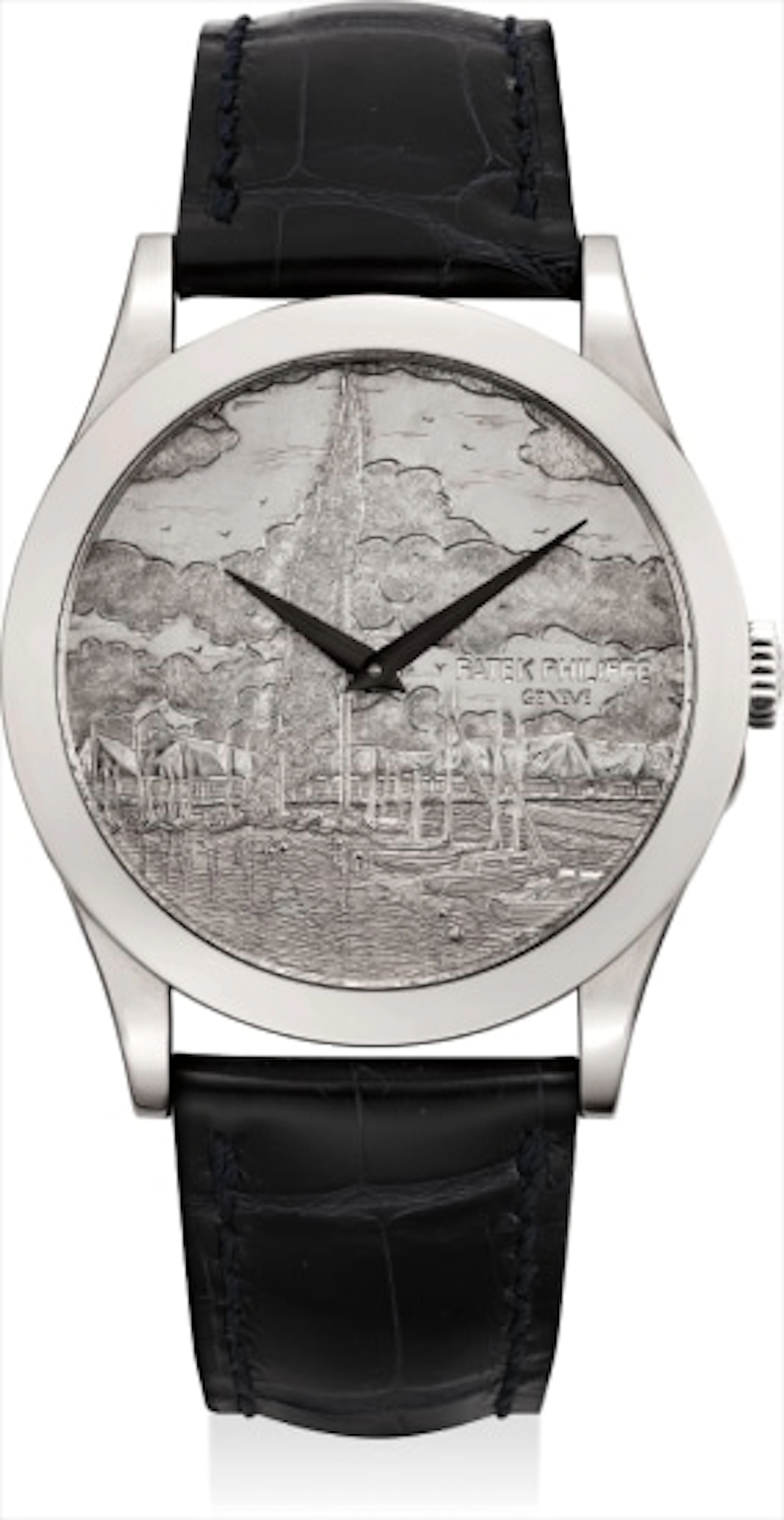 A rare and attractive white gold wristwatch with hand engraved white gold dial