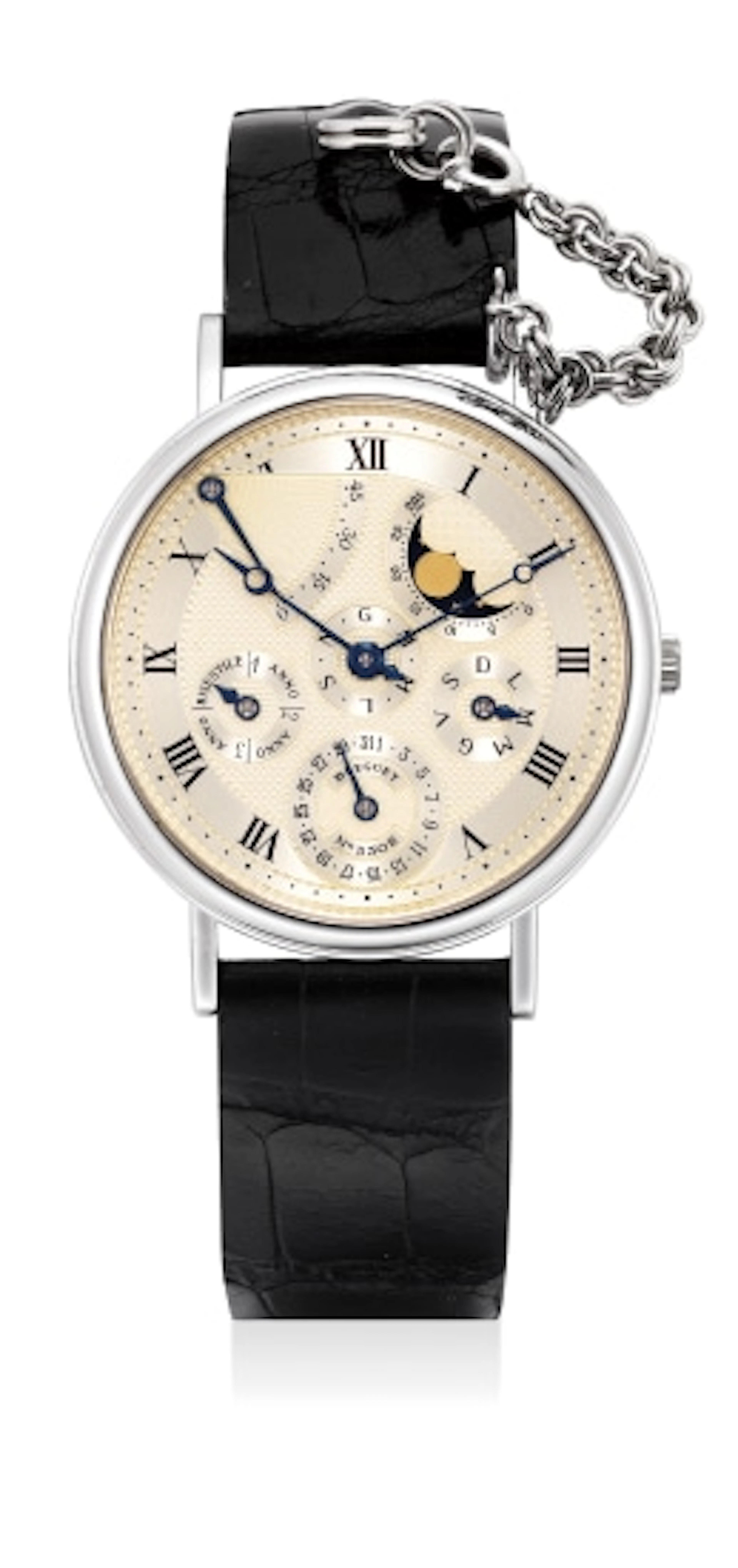 A fine and attractive white gold perpetual calendar wristwatch with moon phases