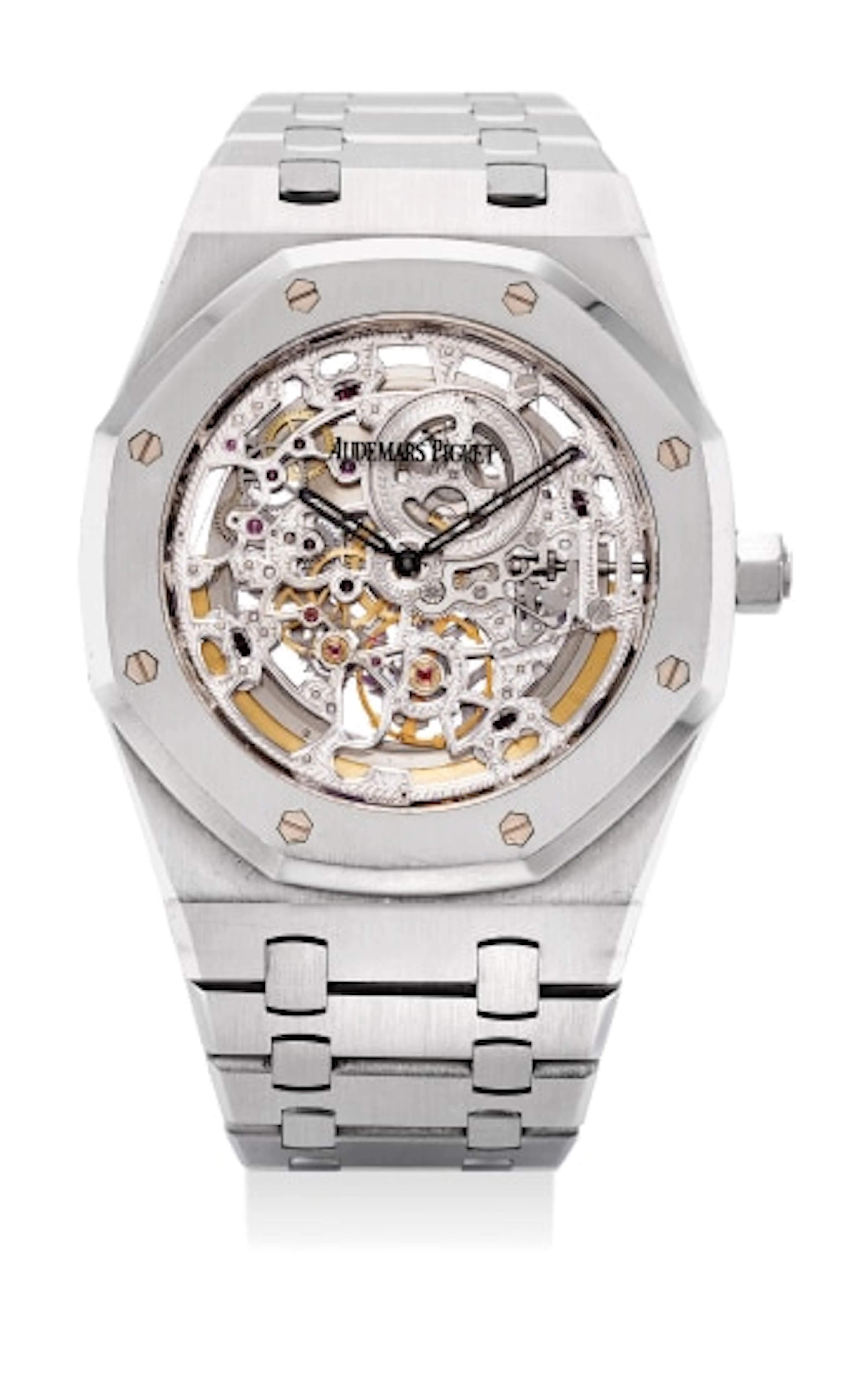 A very attractive and rare stainless steel skeletonized wristwatch with bracelet