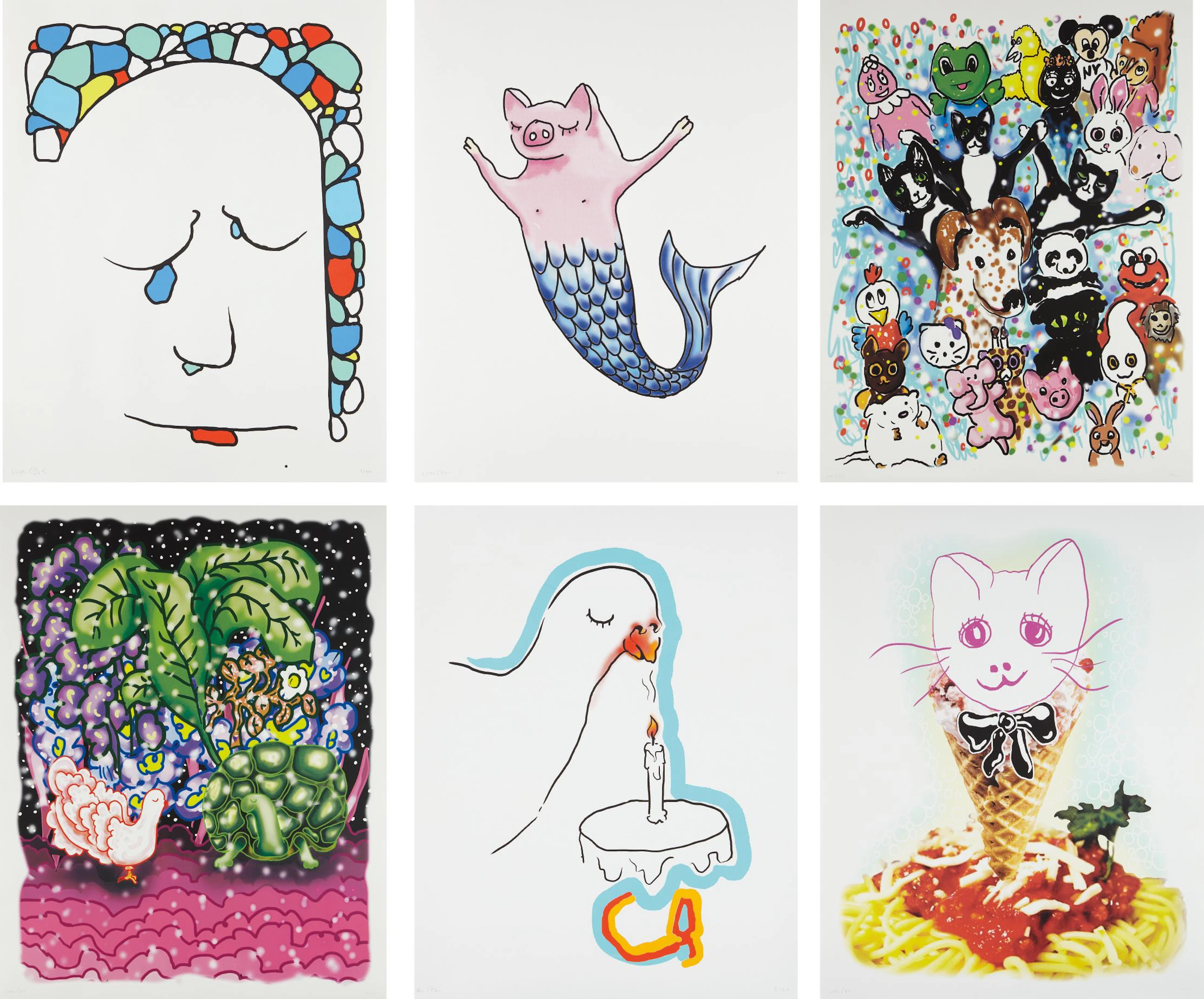 Stonewaller; Cakesniffer; Pet Parade; Goodnight; Spaghetti Cat; and Pigmaid, 2015 – Urs Fischer