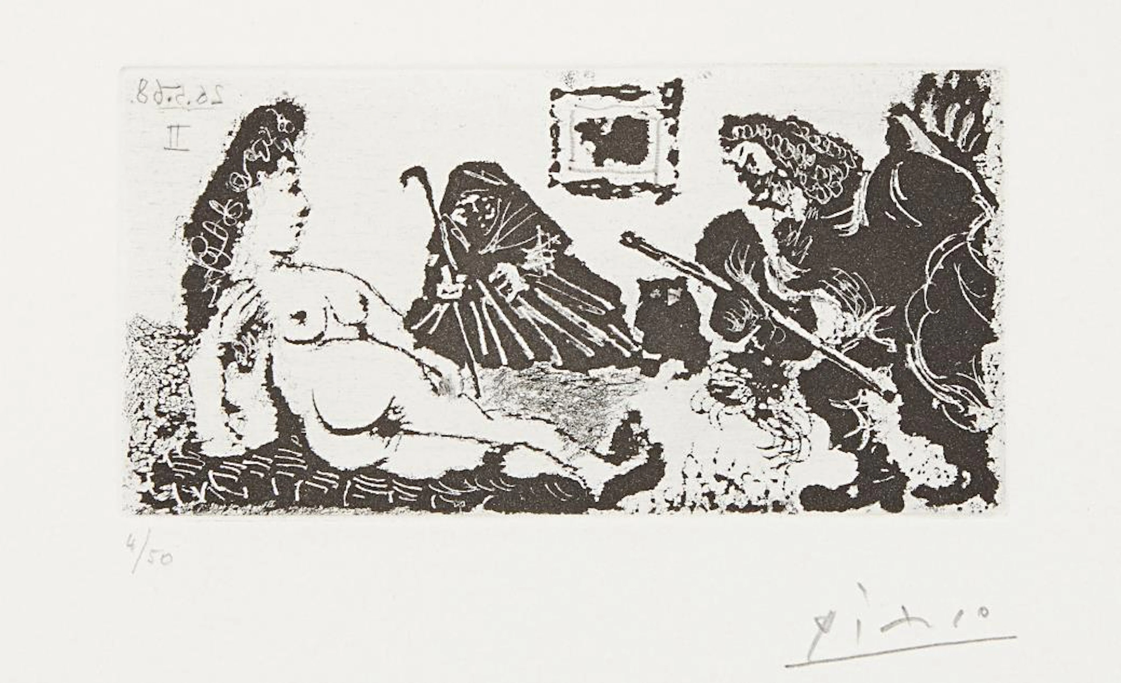 Vieux beau saluant très bas une pupille de la Célestine (Old Man Bowing to Celestine's Pupil), plate 113 from La série 347, 1968 – Pablo Picasso