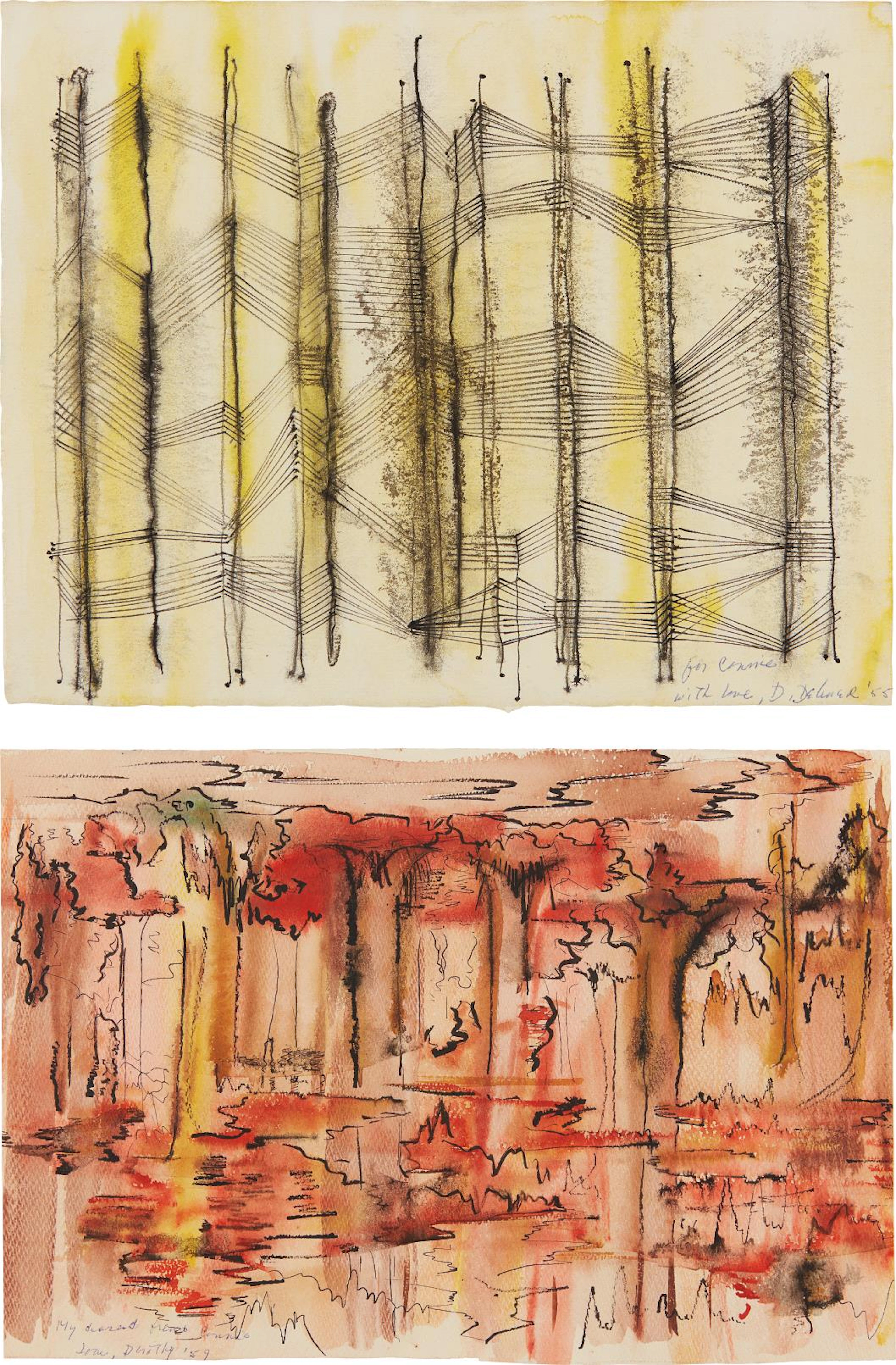 Untitled (black/yellow); and Untitled (red/black), 1955 and 1959 – Dorothy Dehner