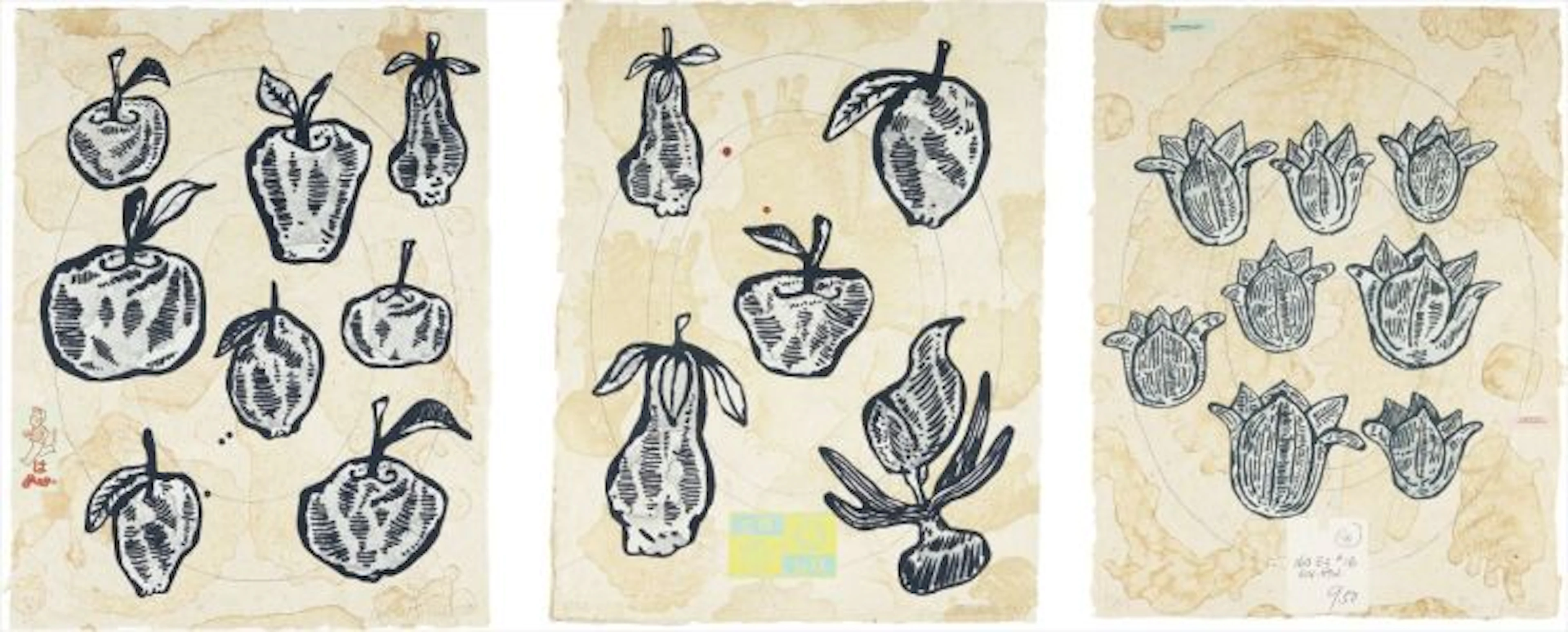 Flowers and Fruits: three plates, 1990 – Donald Baechler