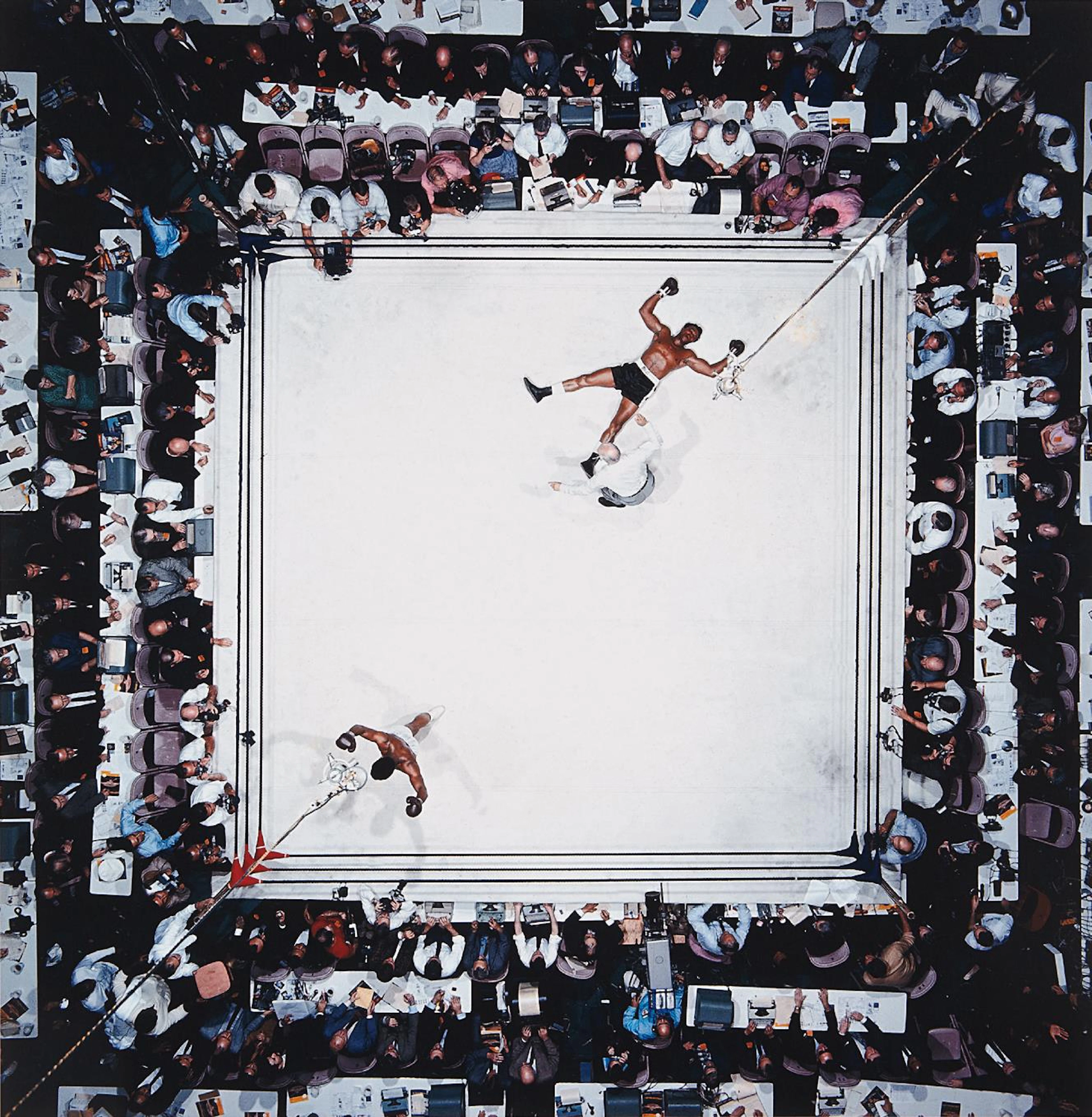 Aerial of Muhammad Ali victorious after his round two knockdown of Cleveland Williams during the 1966 World Heavyweight Title fight at the Astrodome, Houston, Texas, November 14
