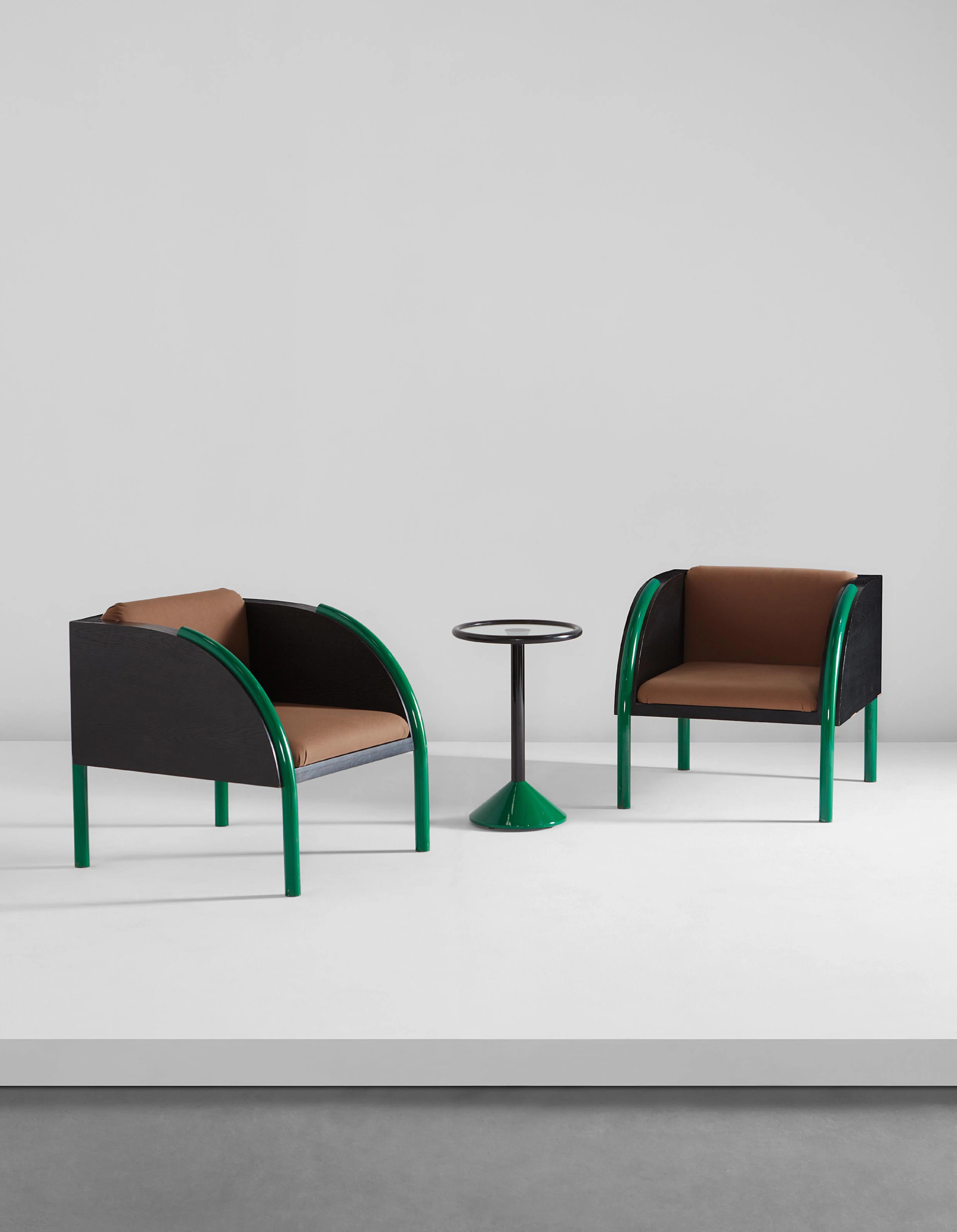 Pair of armchairs and side table, from the Livina Yamagiwa building, Tokyo, Designed 1983 – Shiro Kuramata