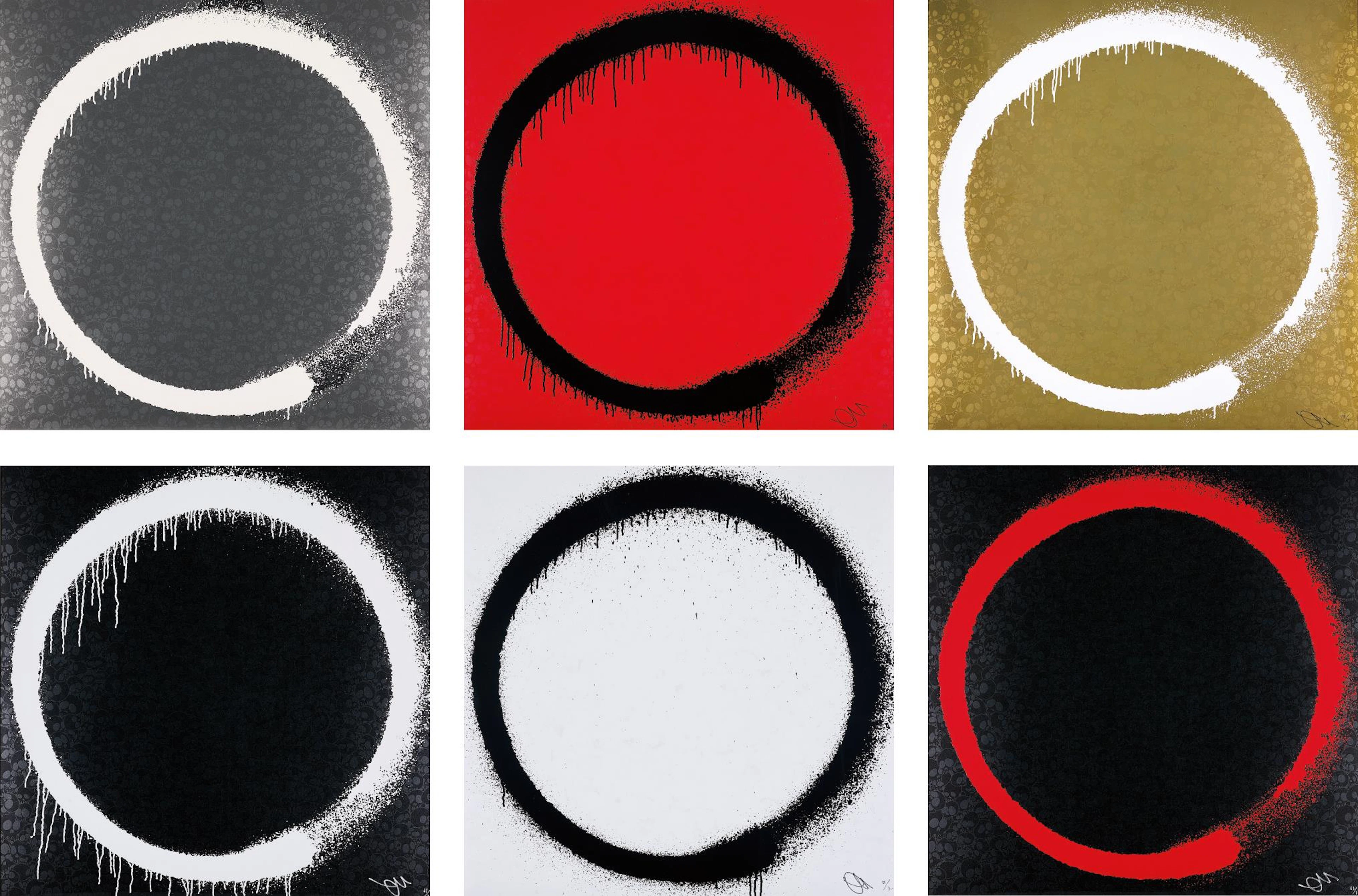 Agama; Enso: The Heart; Amitabha Buddha; Enso: Intellection; Enso: Tranquility; and Enso: Earthly Desires, 2015 – Takashi Murakami
