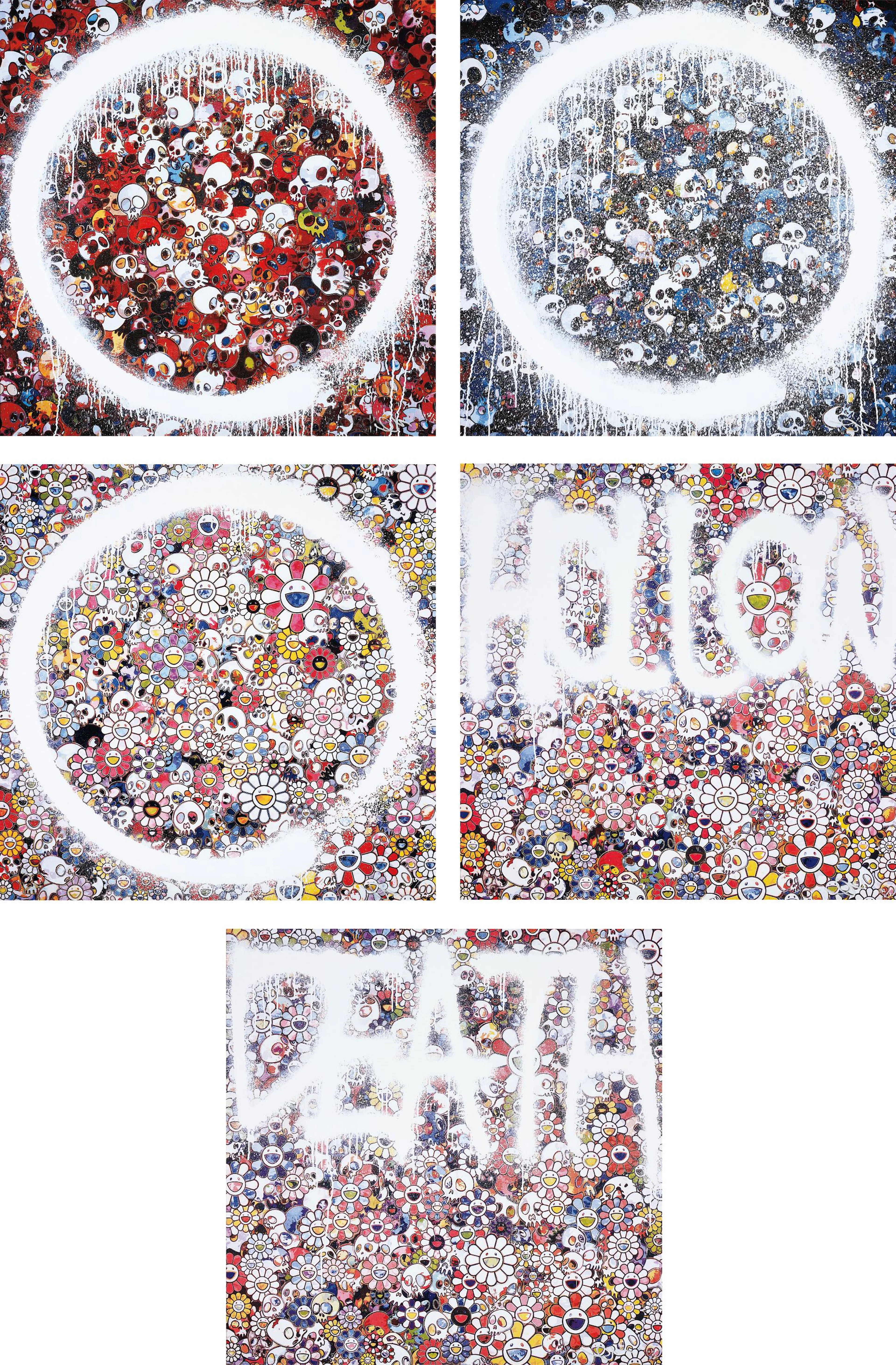 Enso: Memento for Red; Memento Mori Red on Blue; Enso: Zen The Heavens; Flower HOLLOW; and DEATH Flower, 2015 – Takashi Murakami