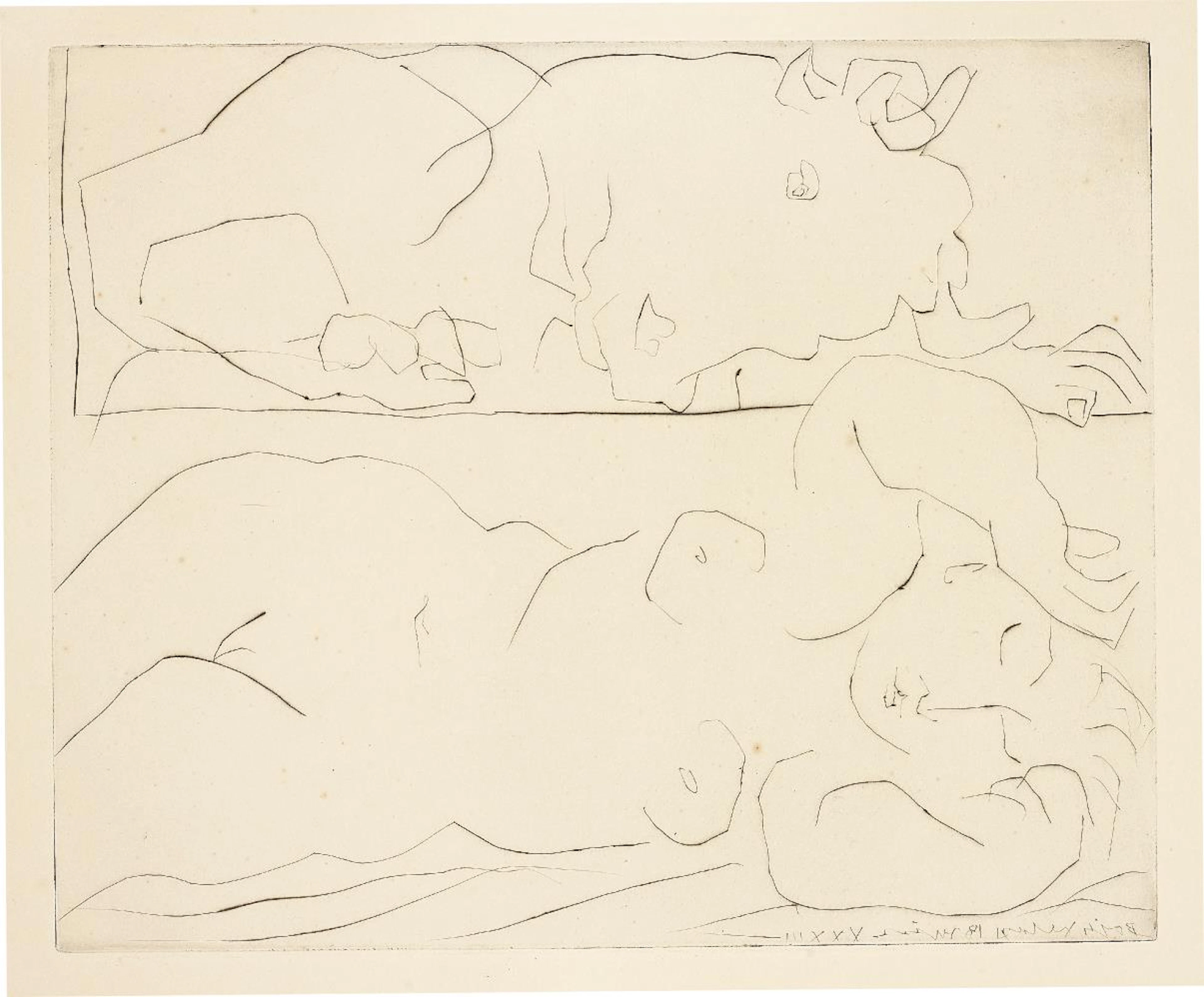 Minotaure contemplant amoureusement une dormeuse (Minotaur Tenderly Admiring a Sleeping Woman), 1933 – Pablo Picasso