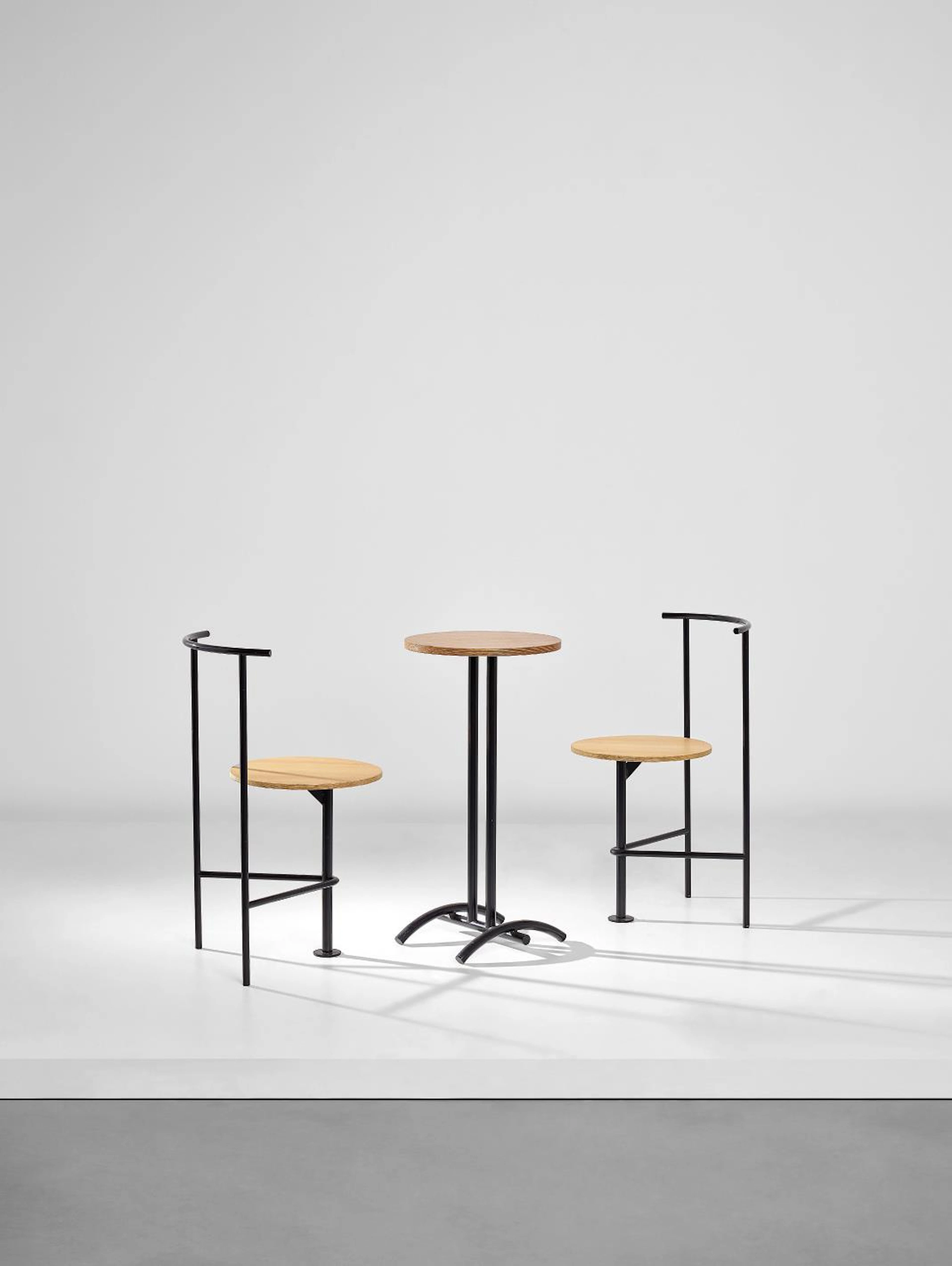 Pair of 'three-legged B' chairs, model no. R108 and table, model no. T8008, Designed 1986 – Shiro Kuramata