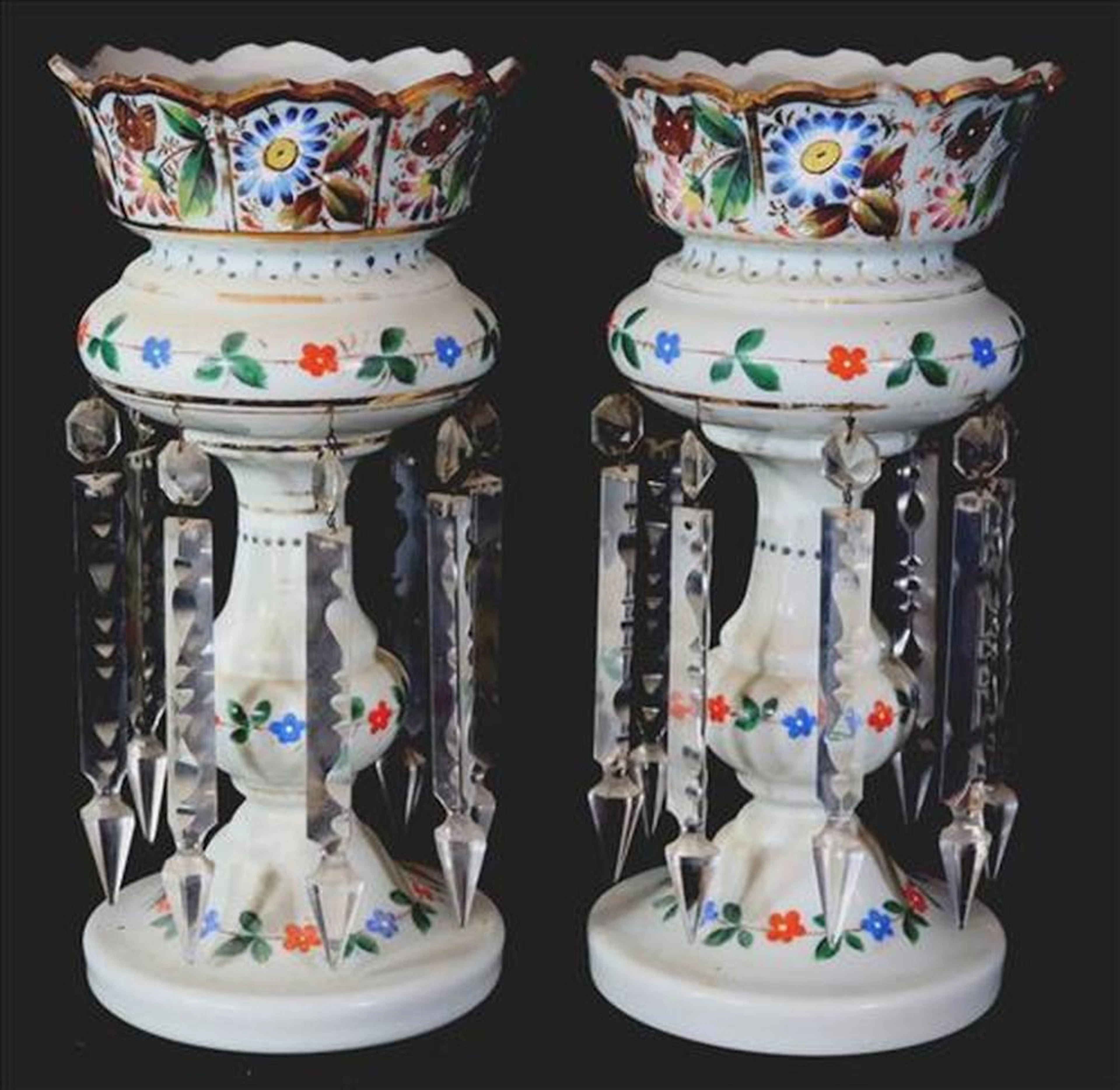 Pair of white Victorian mantle lusters