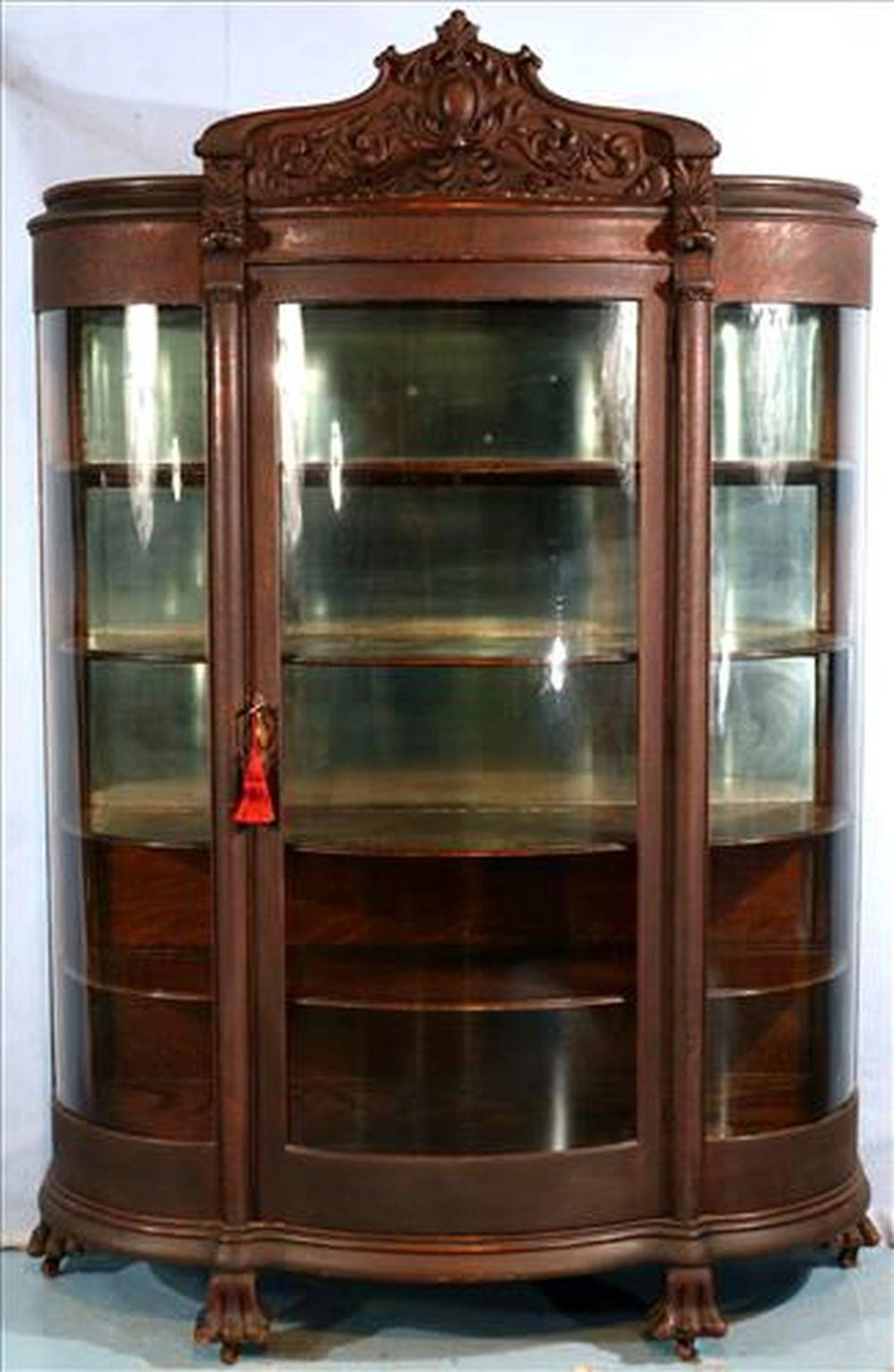 Large oak curved glass china cabinet