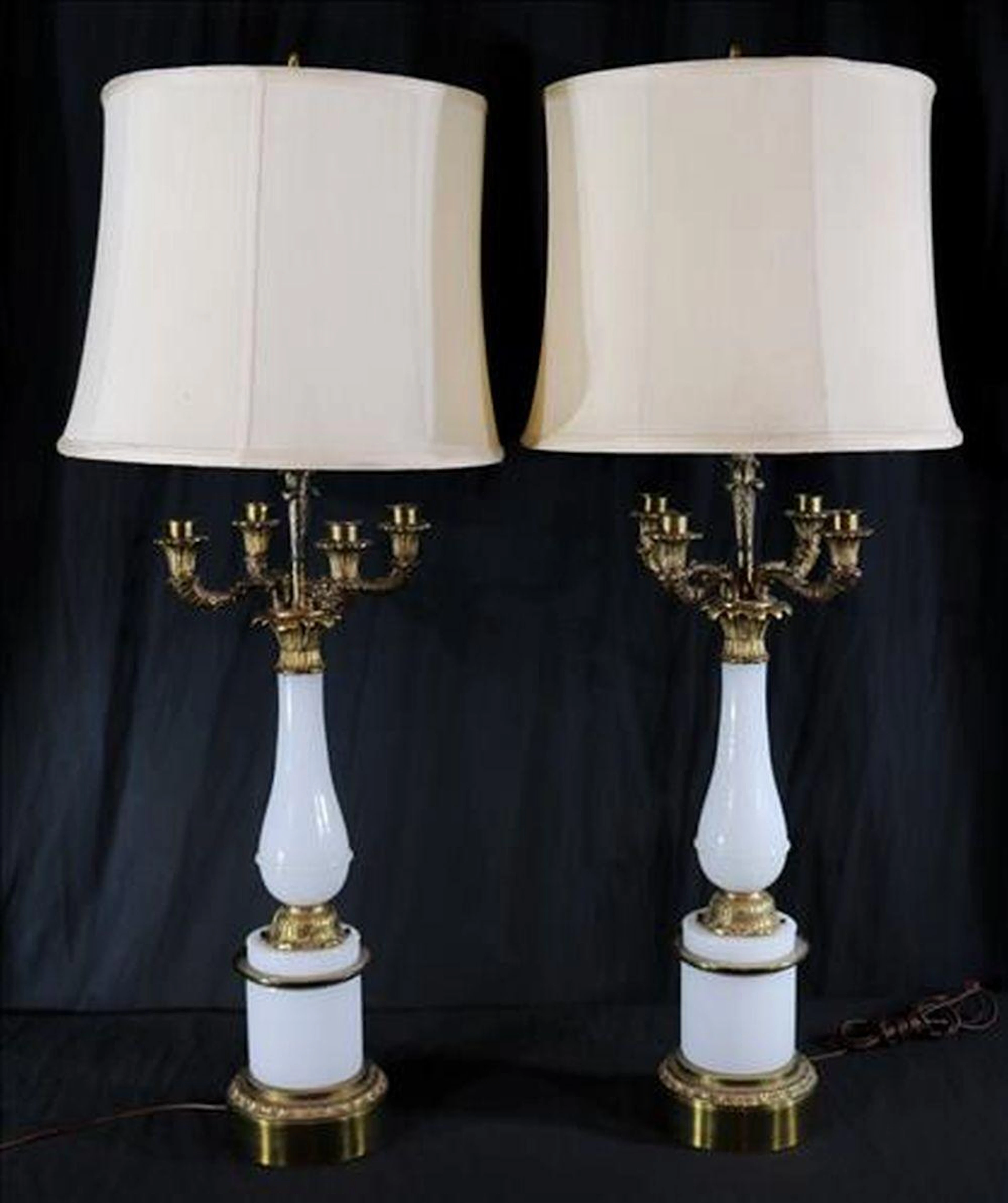 Pair of opalescent glass and gilt candelabras