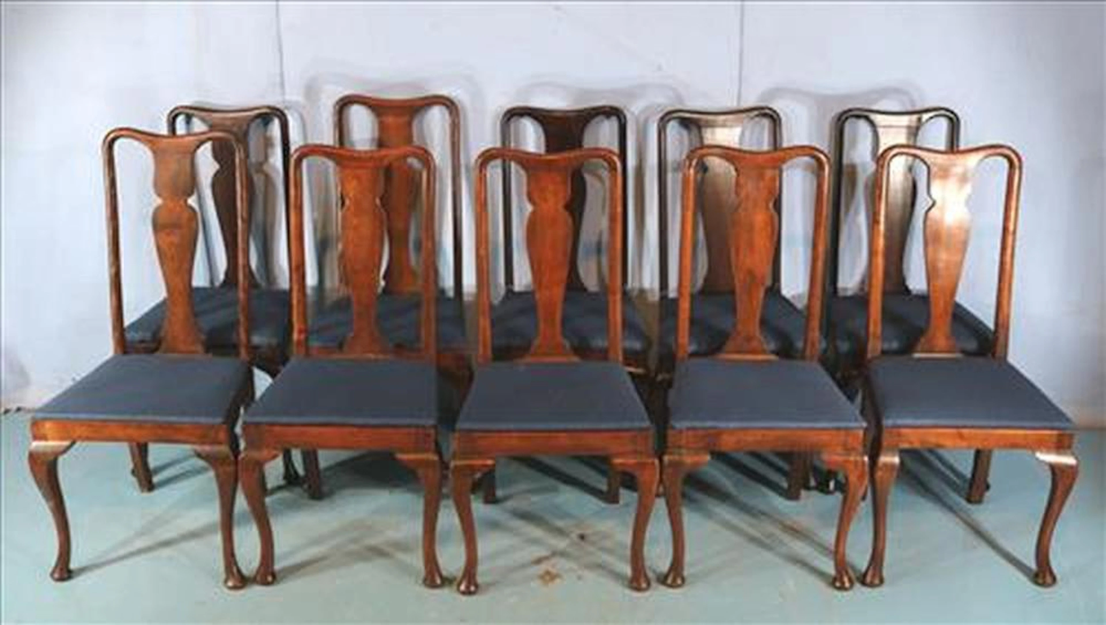 Set of 10 antique English Queen Ann dining chairs