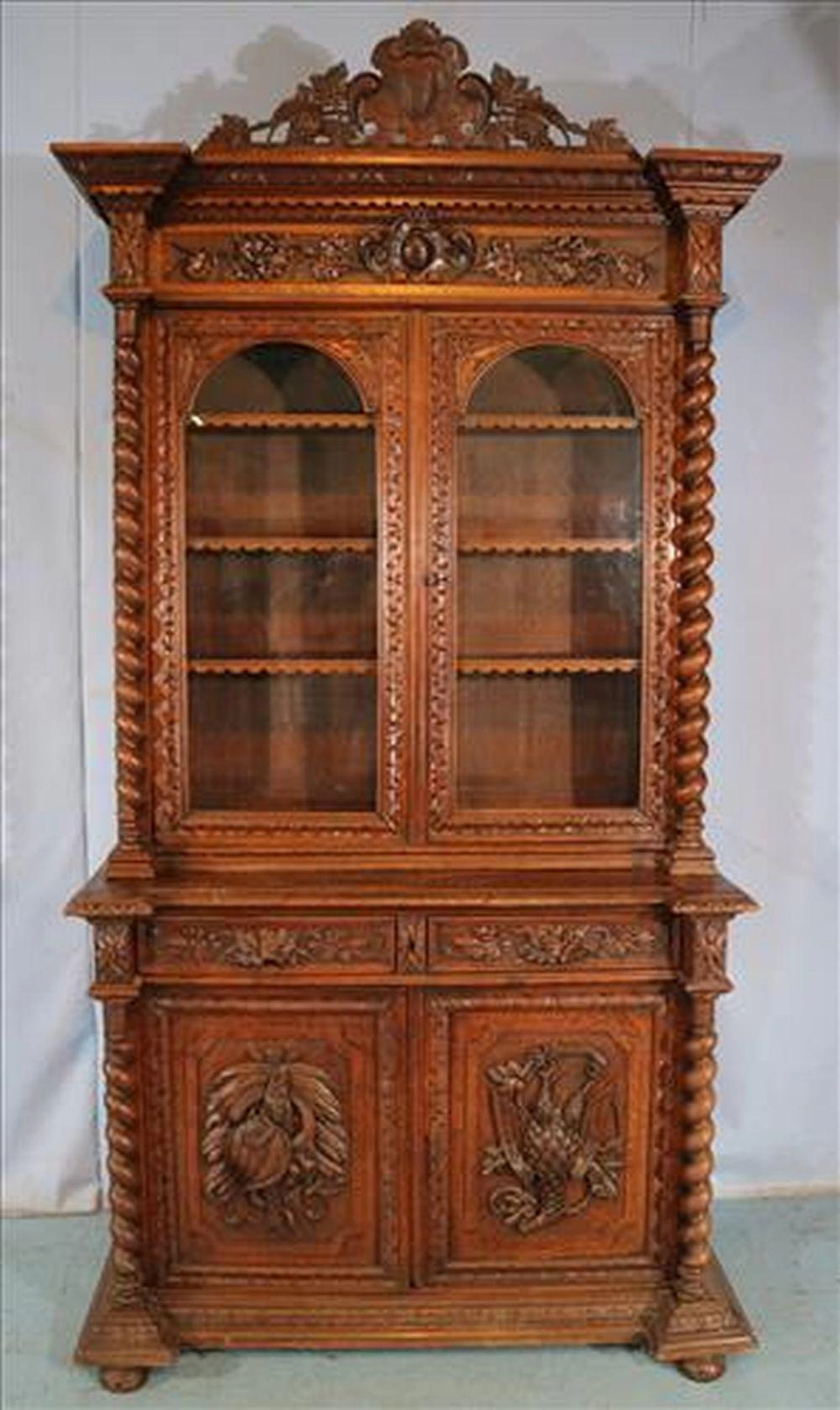 Oak barley twist court cabinet with game birds