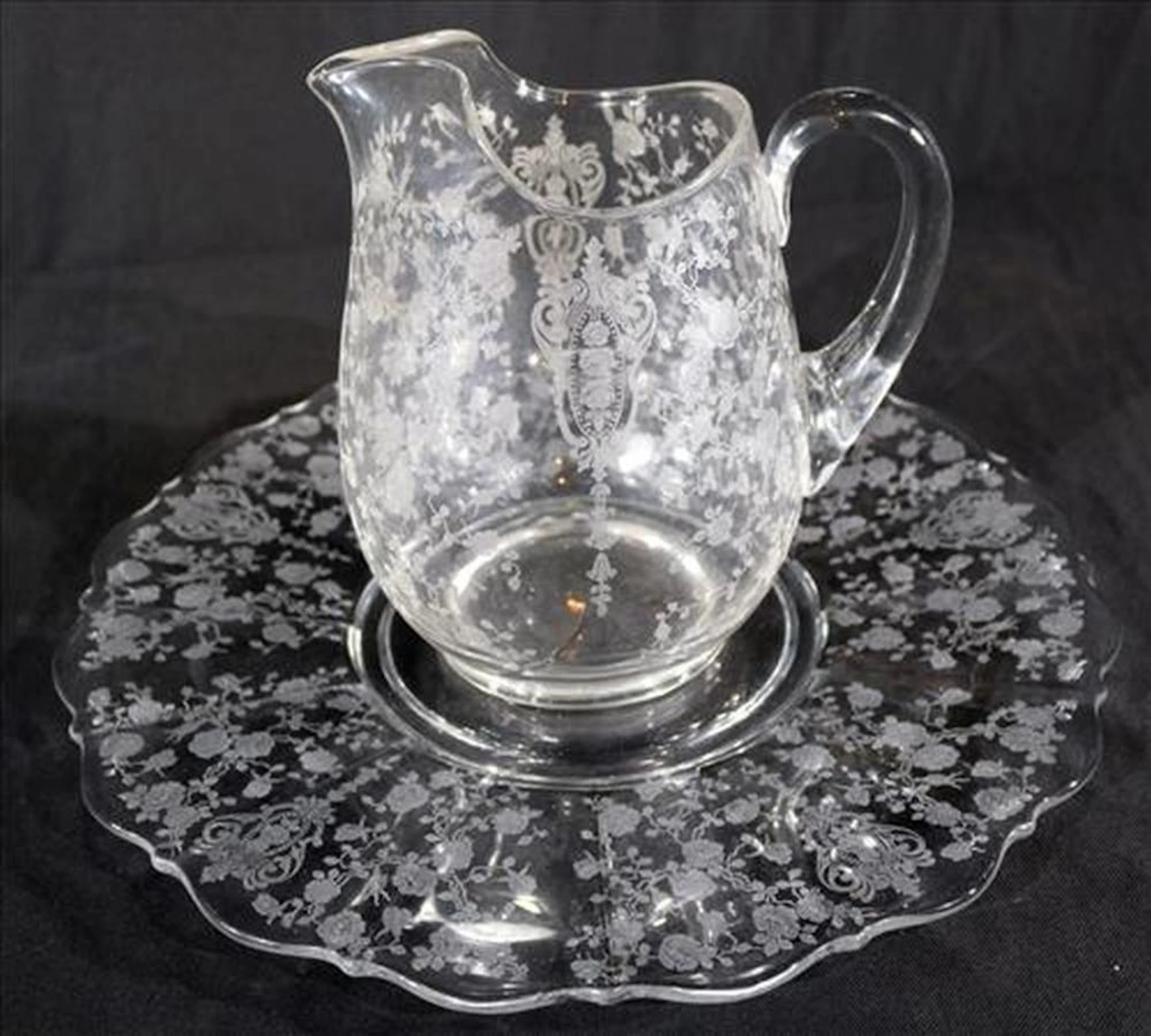 2 pcs. of etched Fostoria crystal pitcher and tray