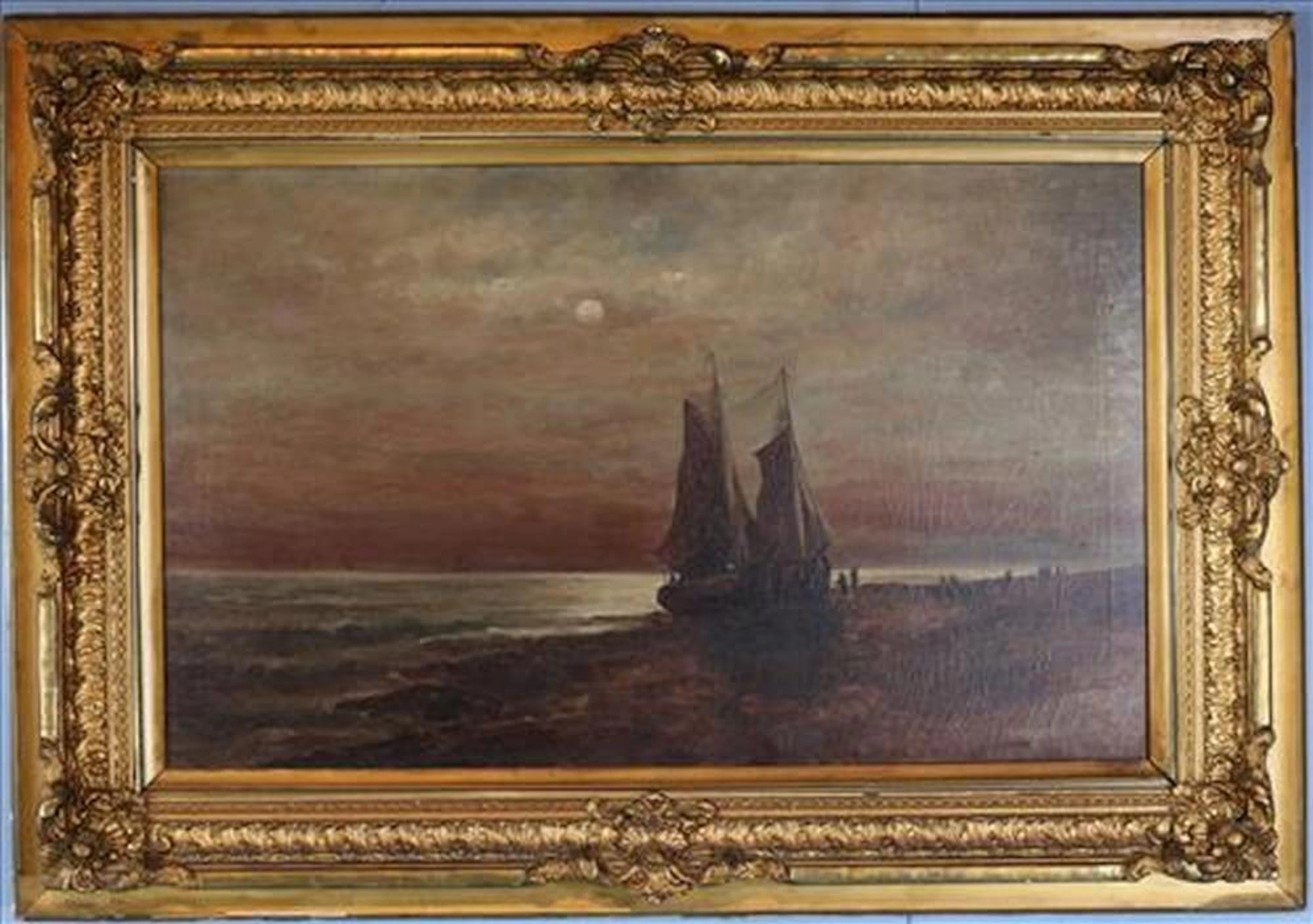 19th Century oil on canvas of landing ship scene