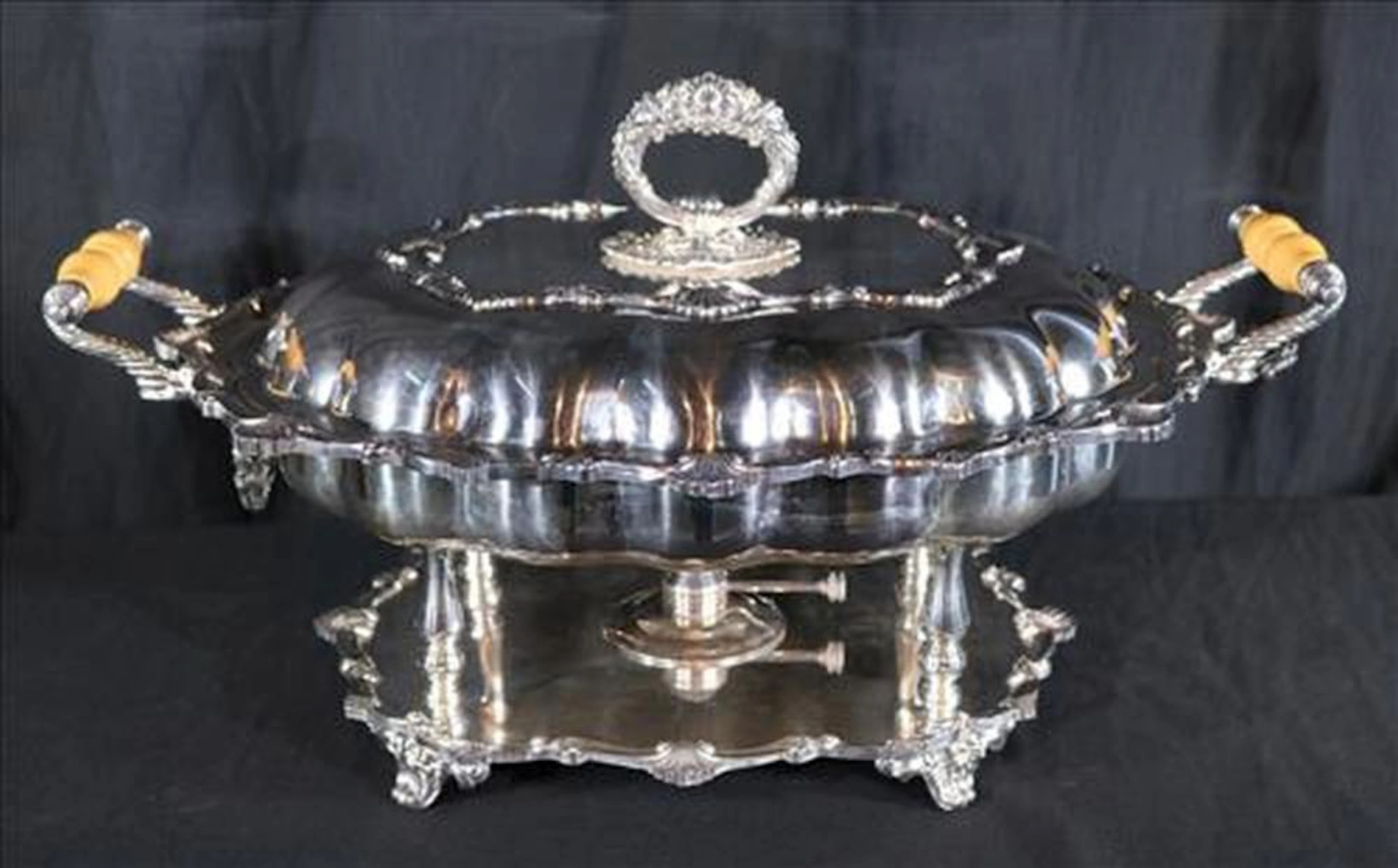 Silver-plate chafing dish, 12 in. T, 20 in. W, 14 in. D.