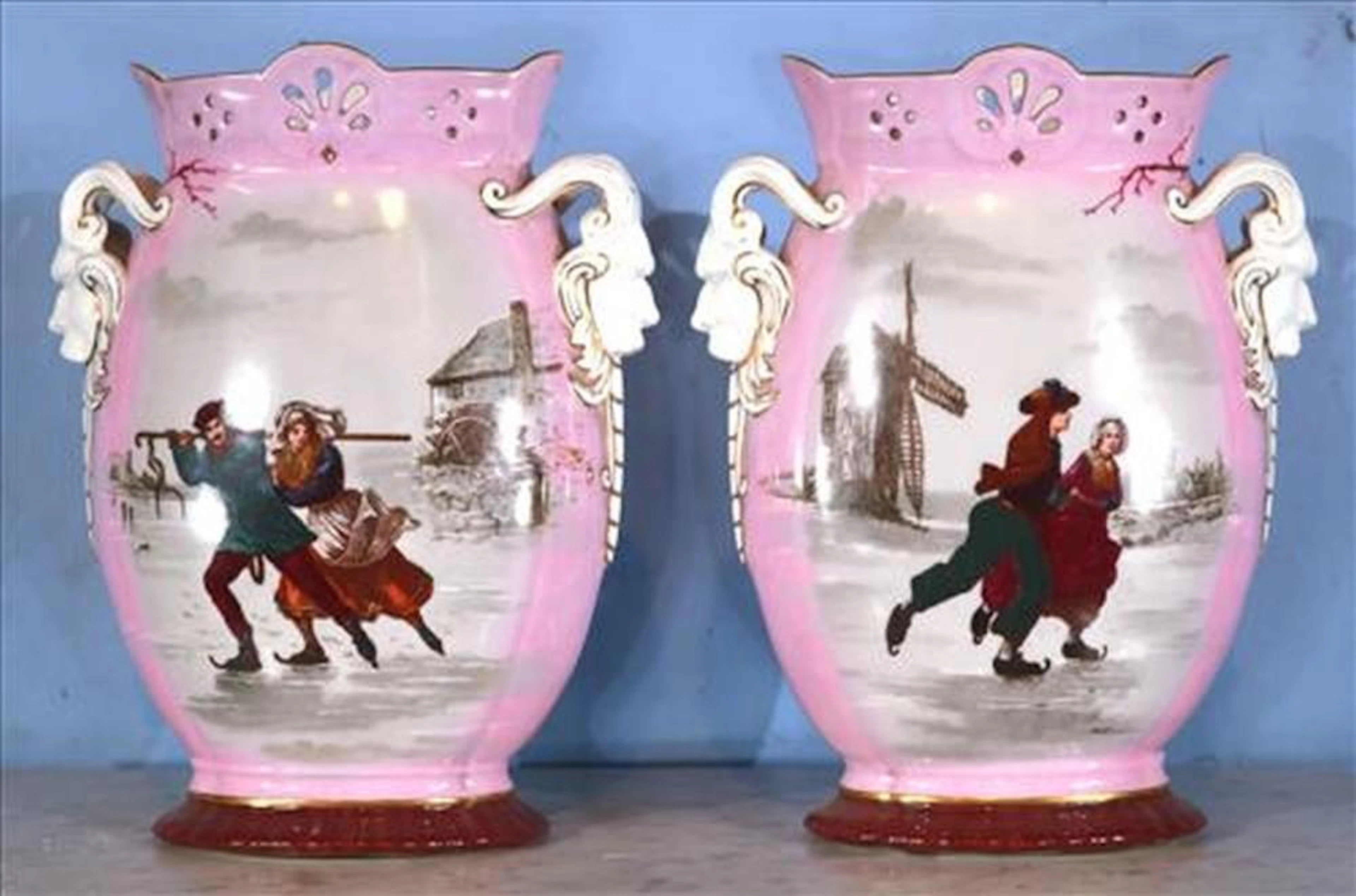 Pair of pink old Paris vases with Dutch skaters