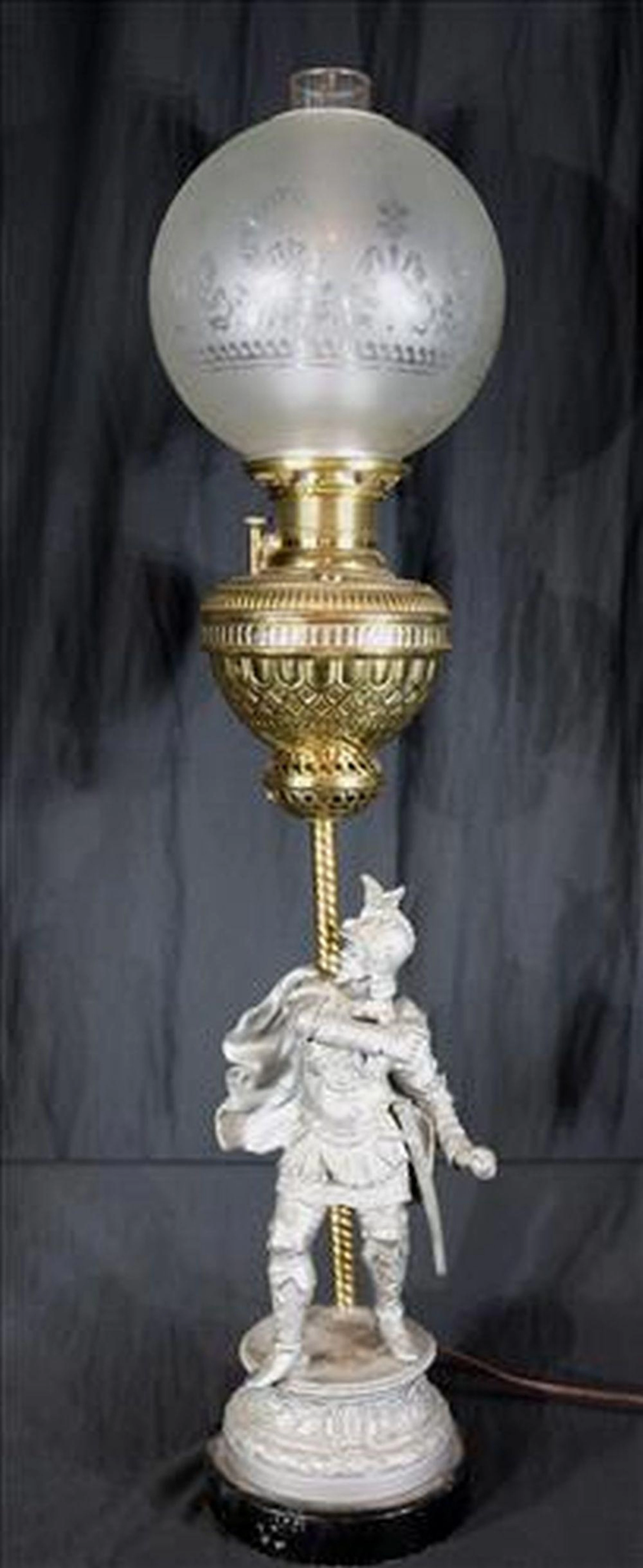 Pot metal and brass lamp with etched shade