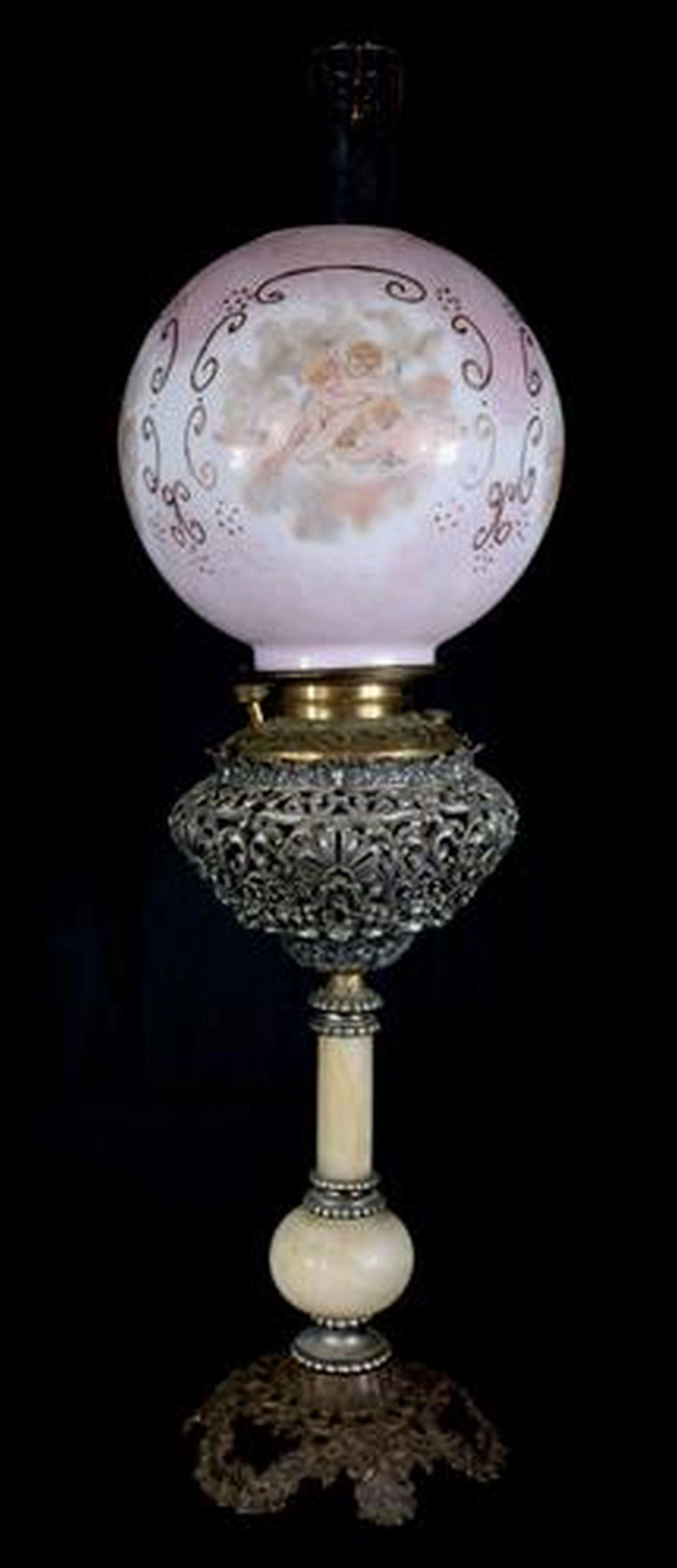Victorian hand painted lamp with cherub shade