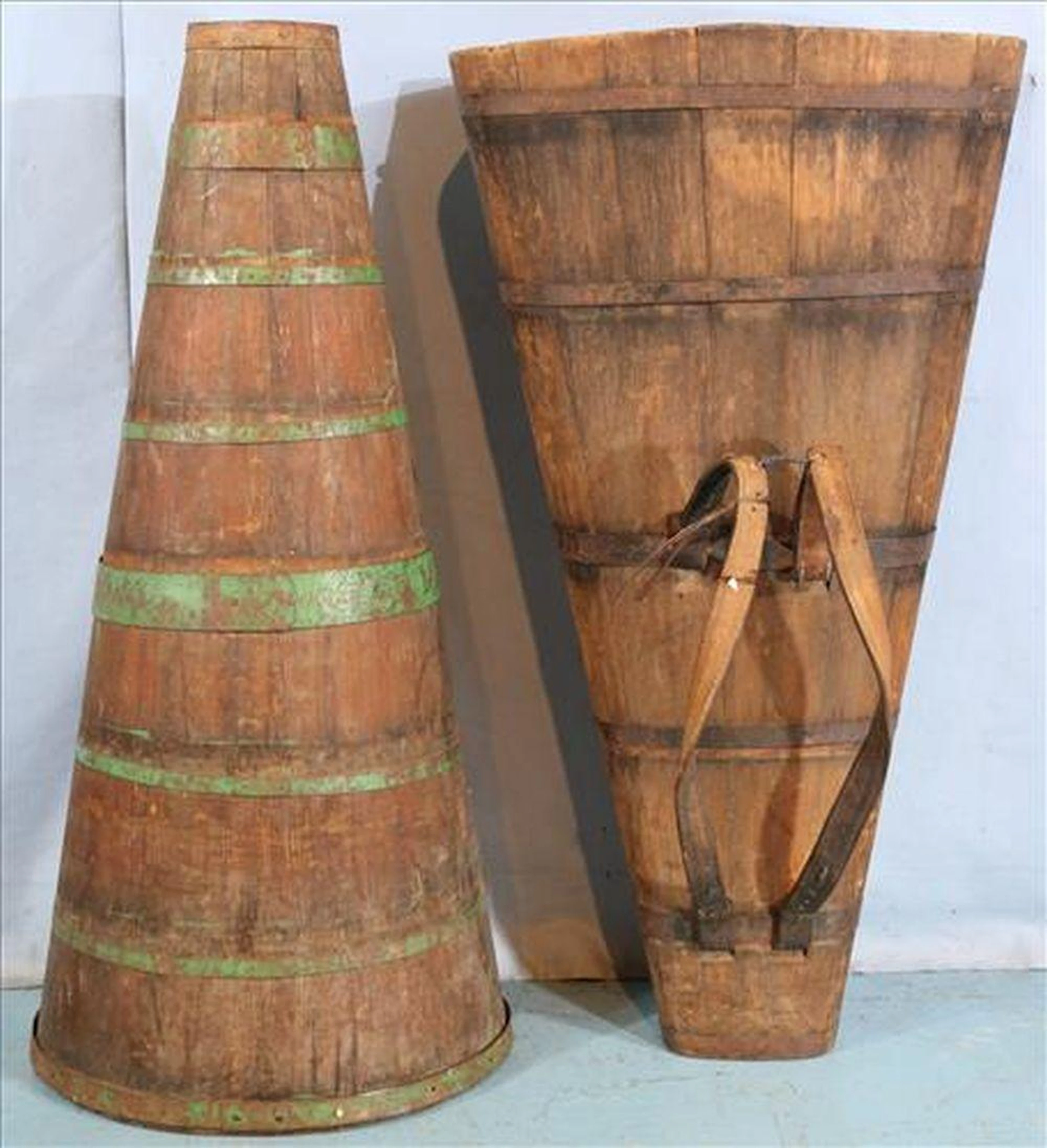 Pair wooden harvest totes used in fields for harvest