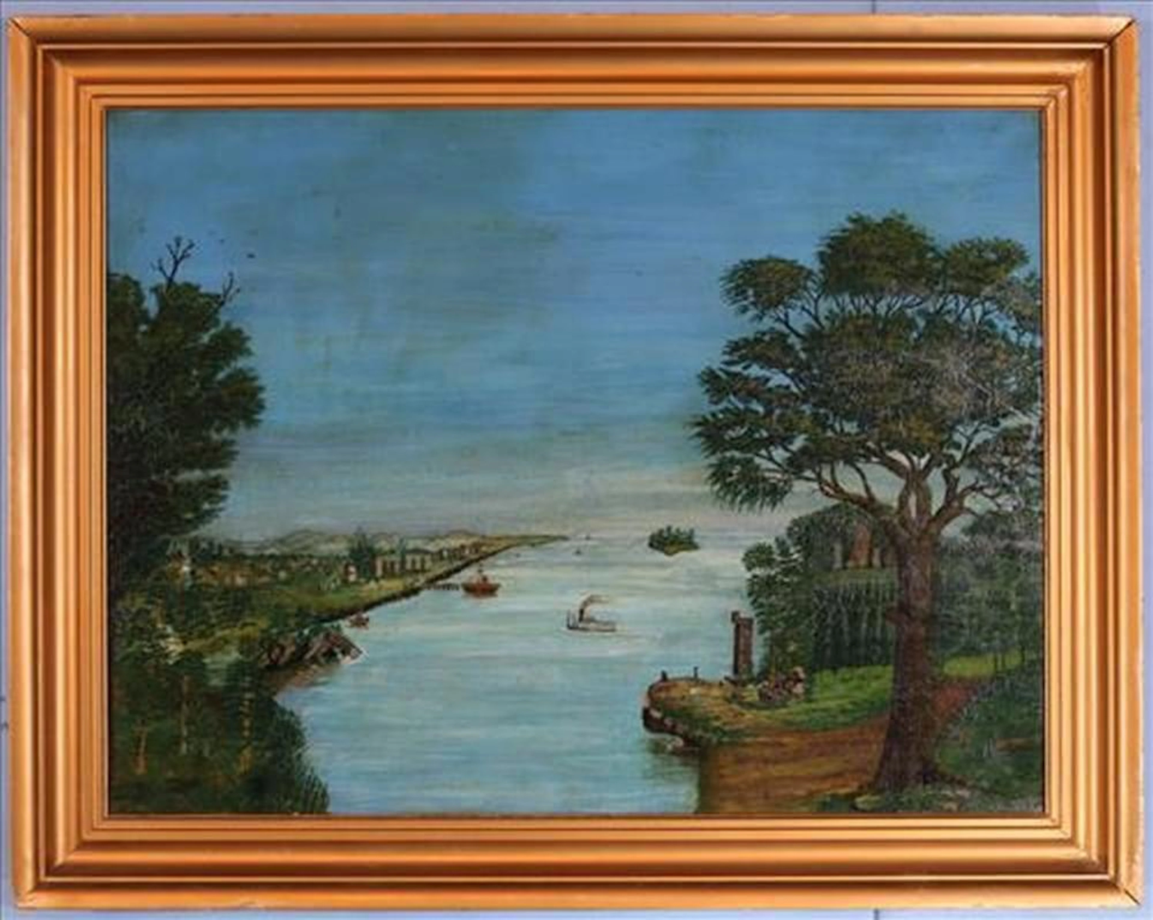 Early oil on canvas of harbor scene