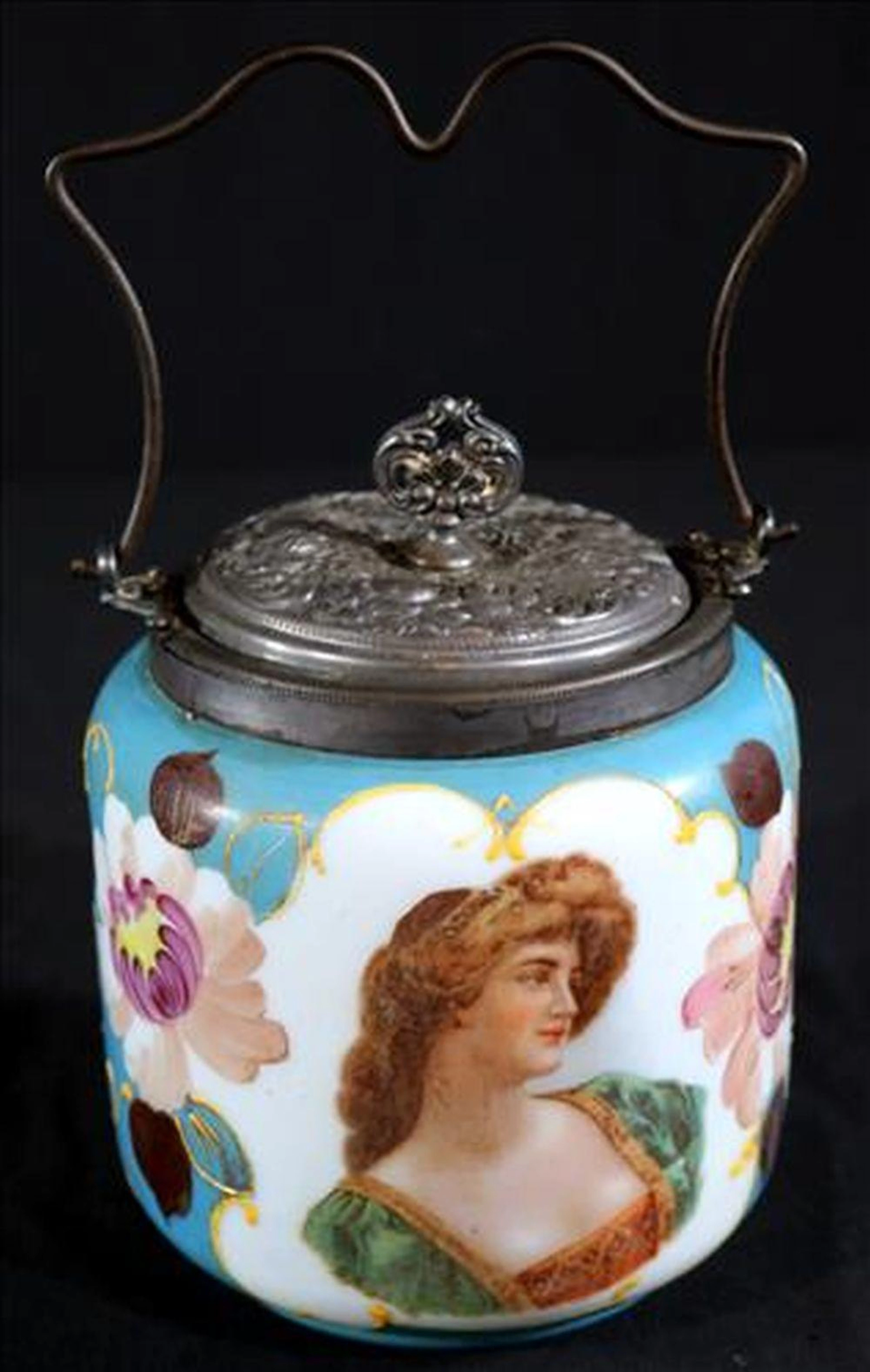 Victorian hand painted biscuit jar, 9 in. T.