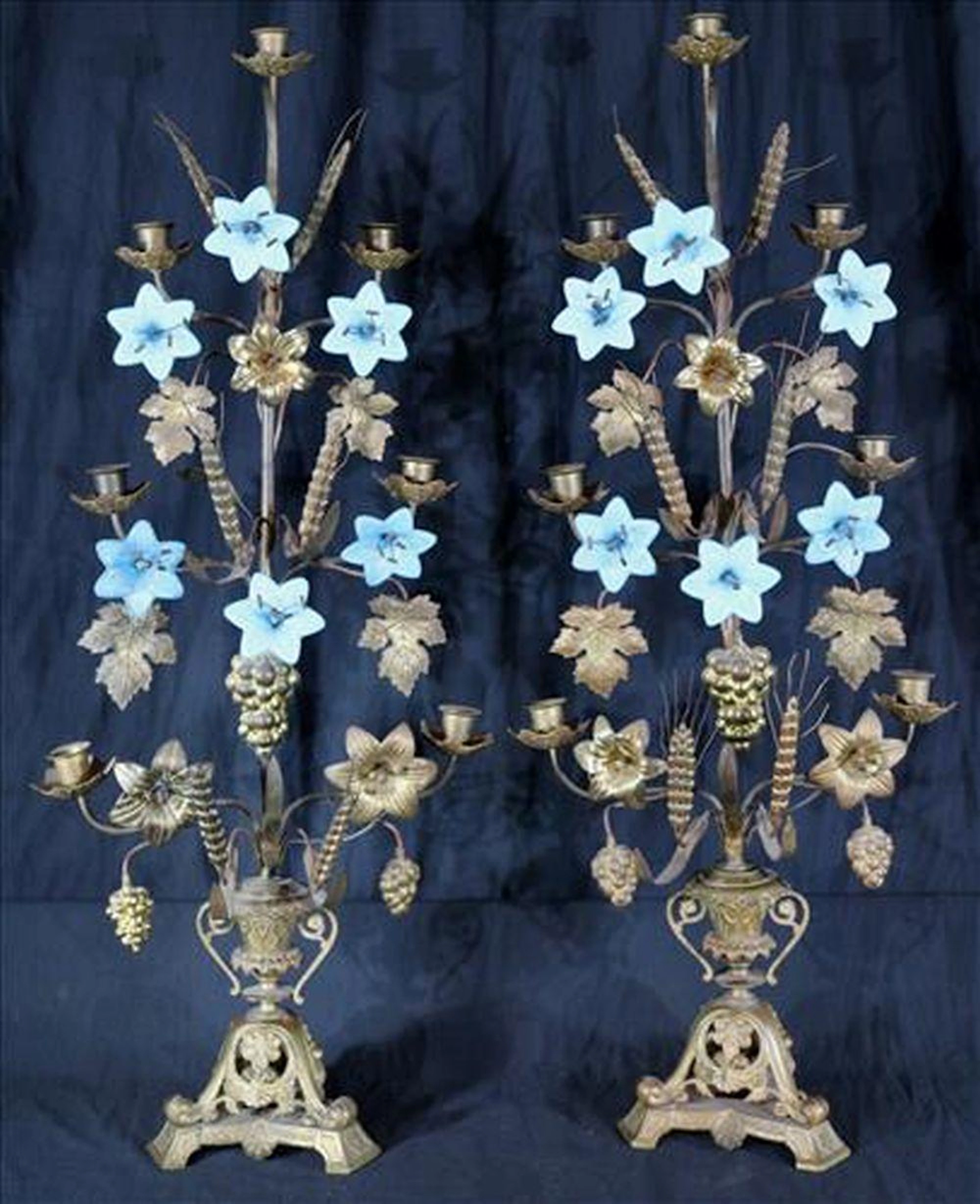 Pair of brass and porcelain candelabras