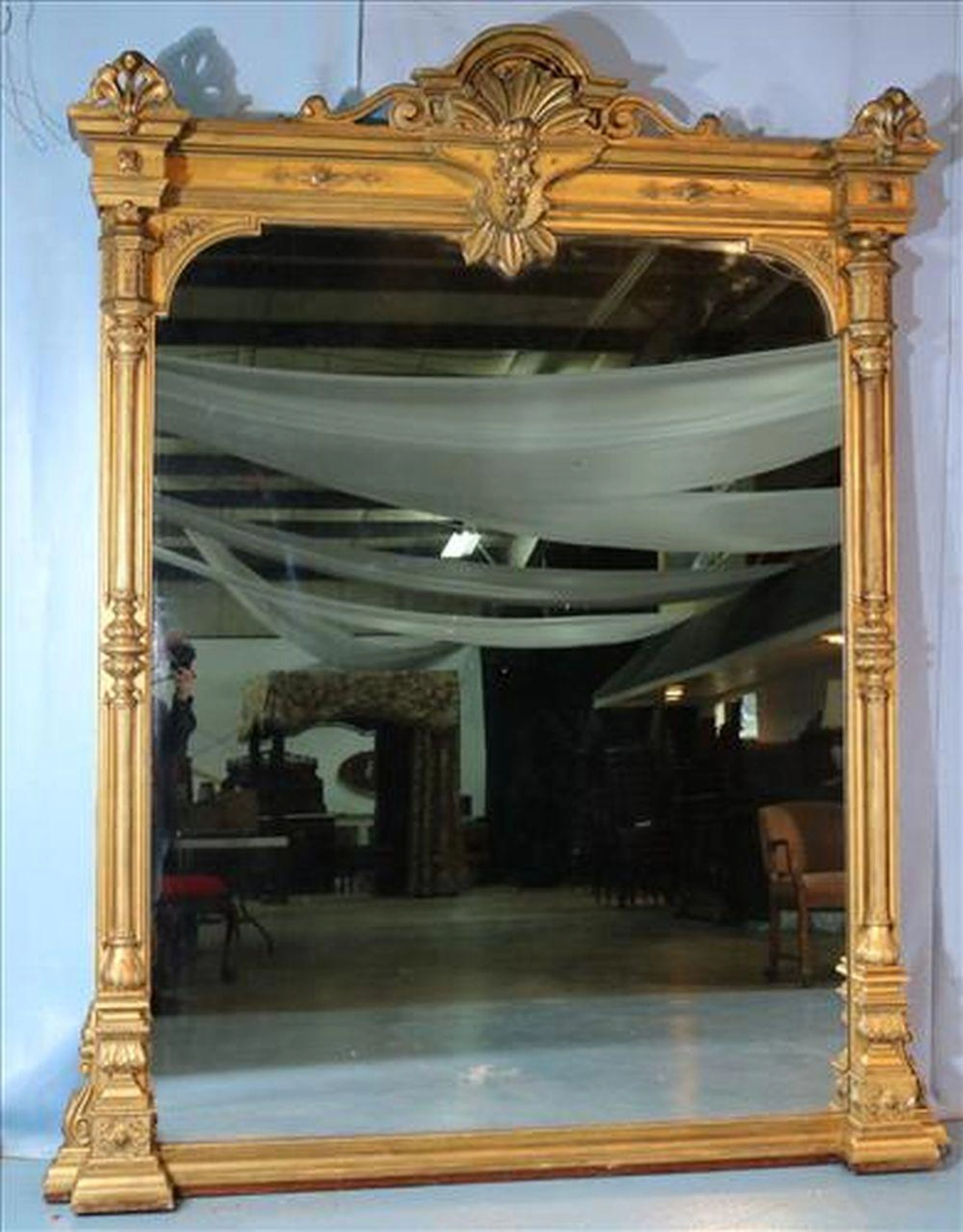 Victorian oversize gold gilded mirror with columns