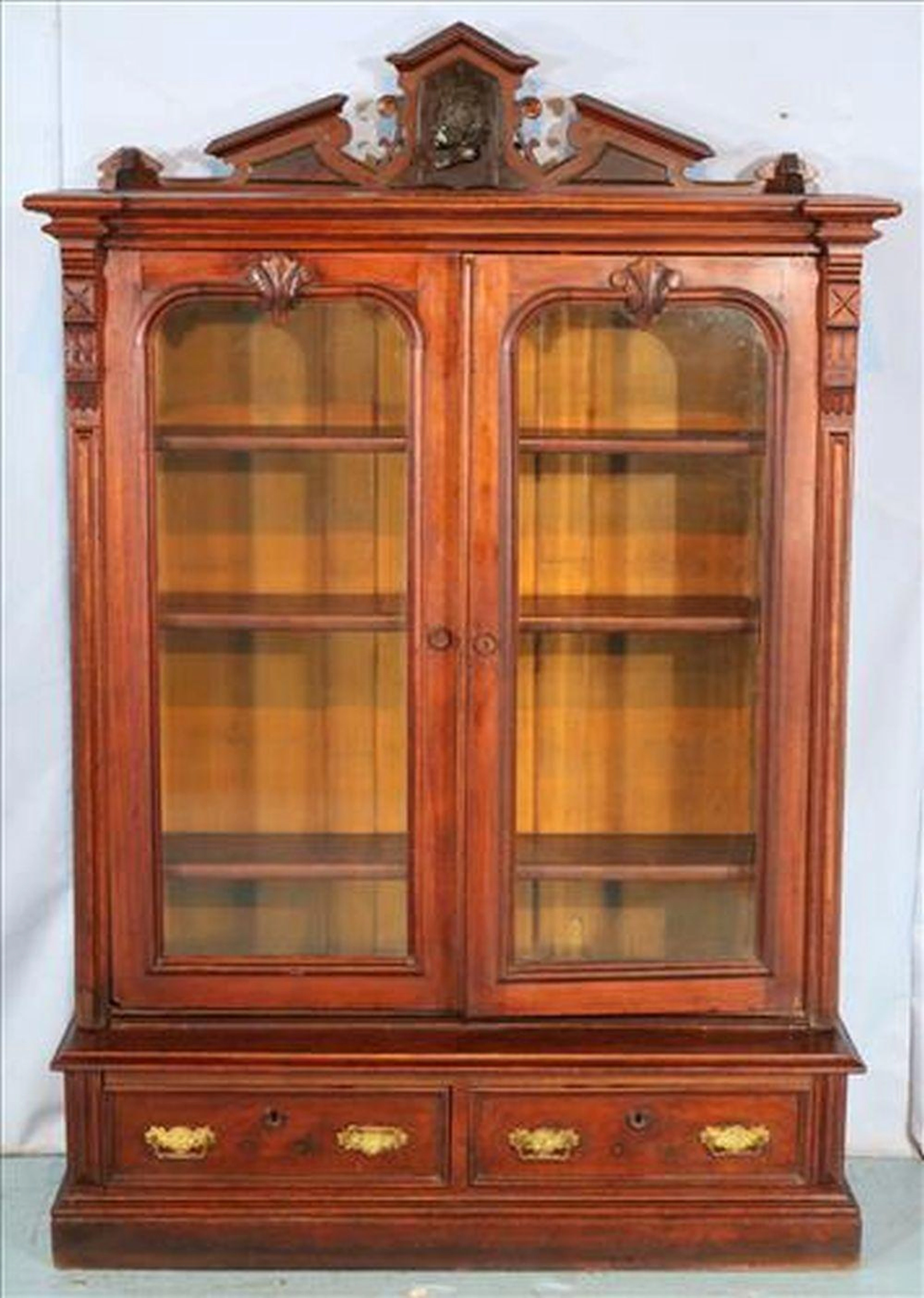 Walnut Victorian 2 door bookcase with 2 drawers