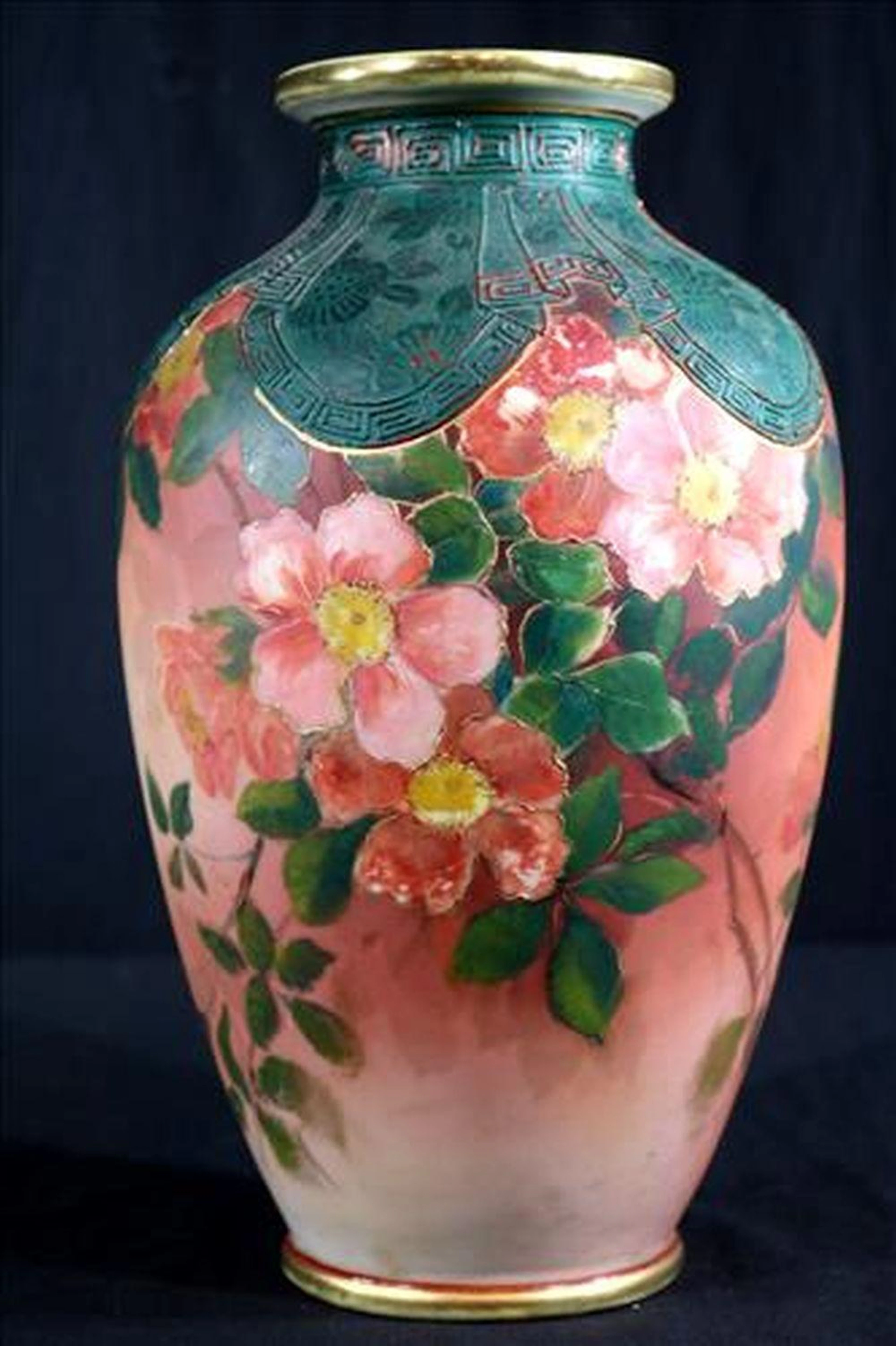 Heavy hand painted Nippon vase, 13 in. T, 4 in. Dia.