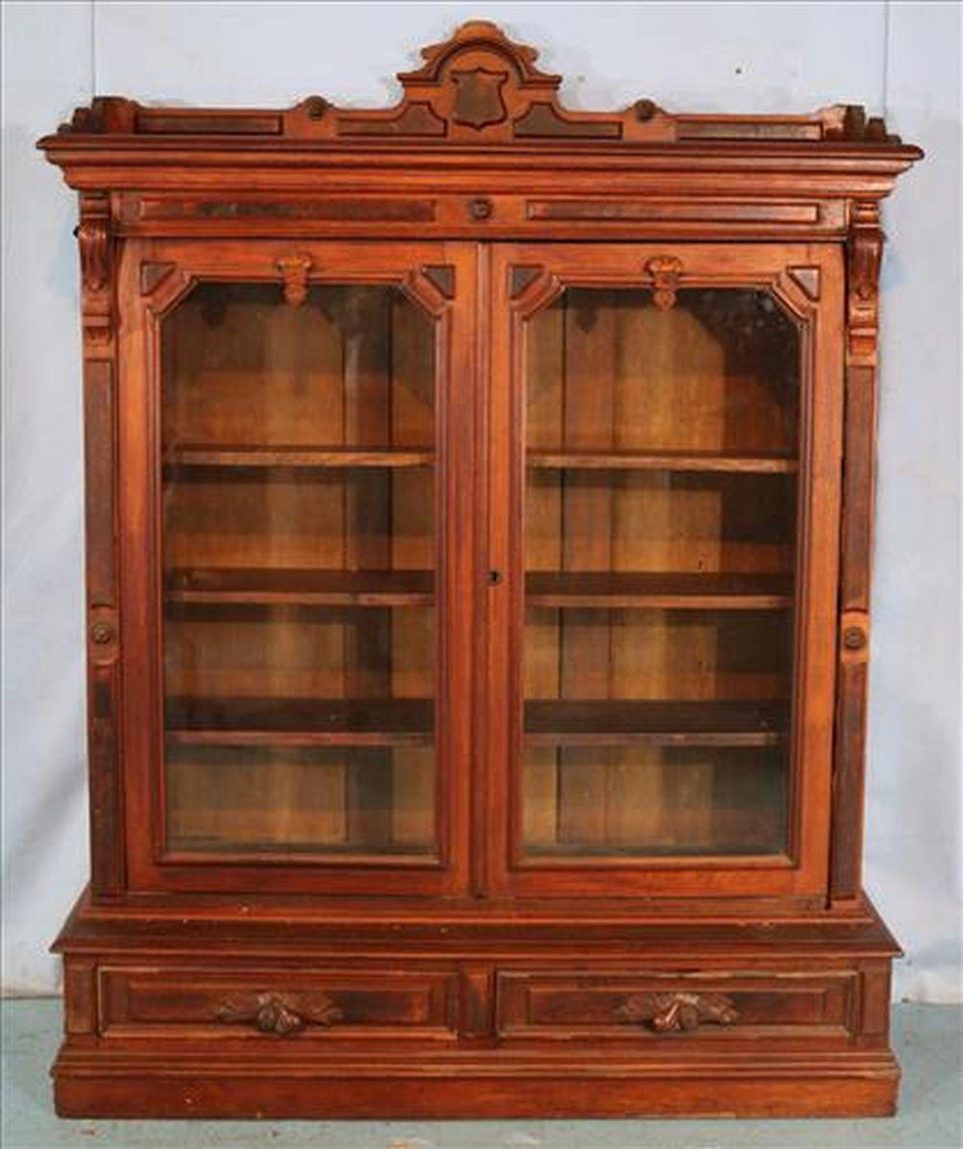 Walnut Victorian 2 door bookcase with drawers