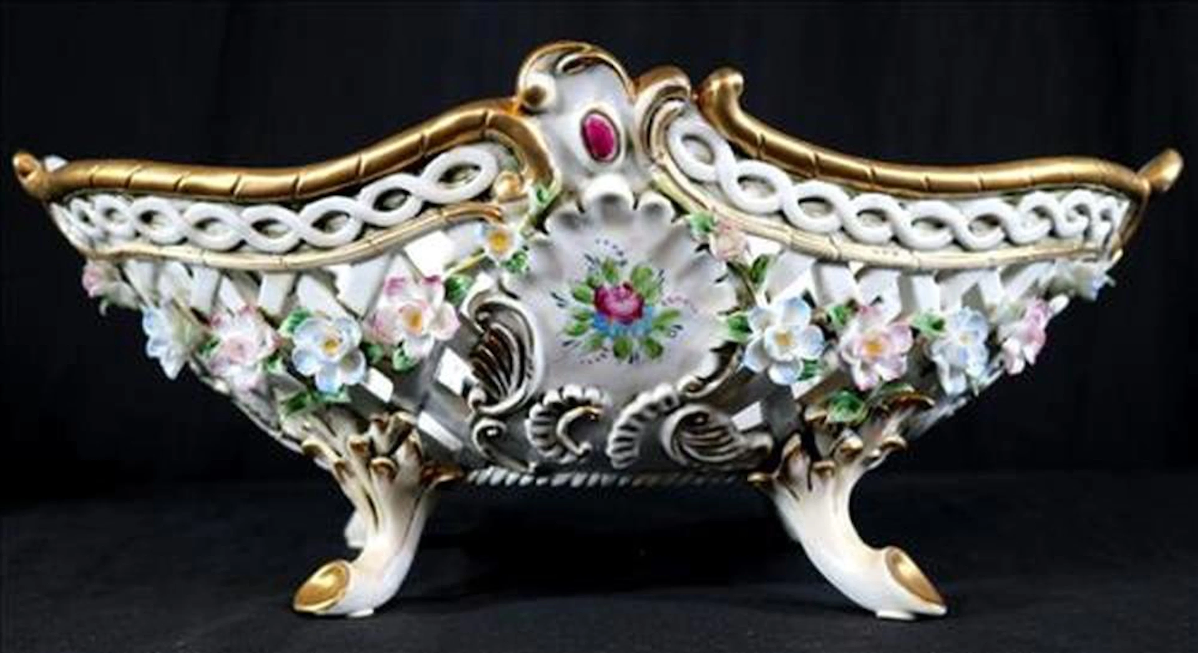 Dresden footed center bowl w applied flowers