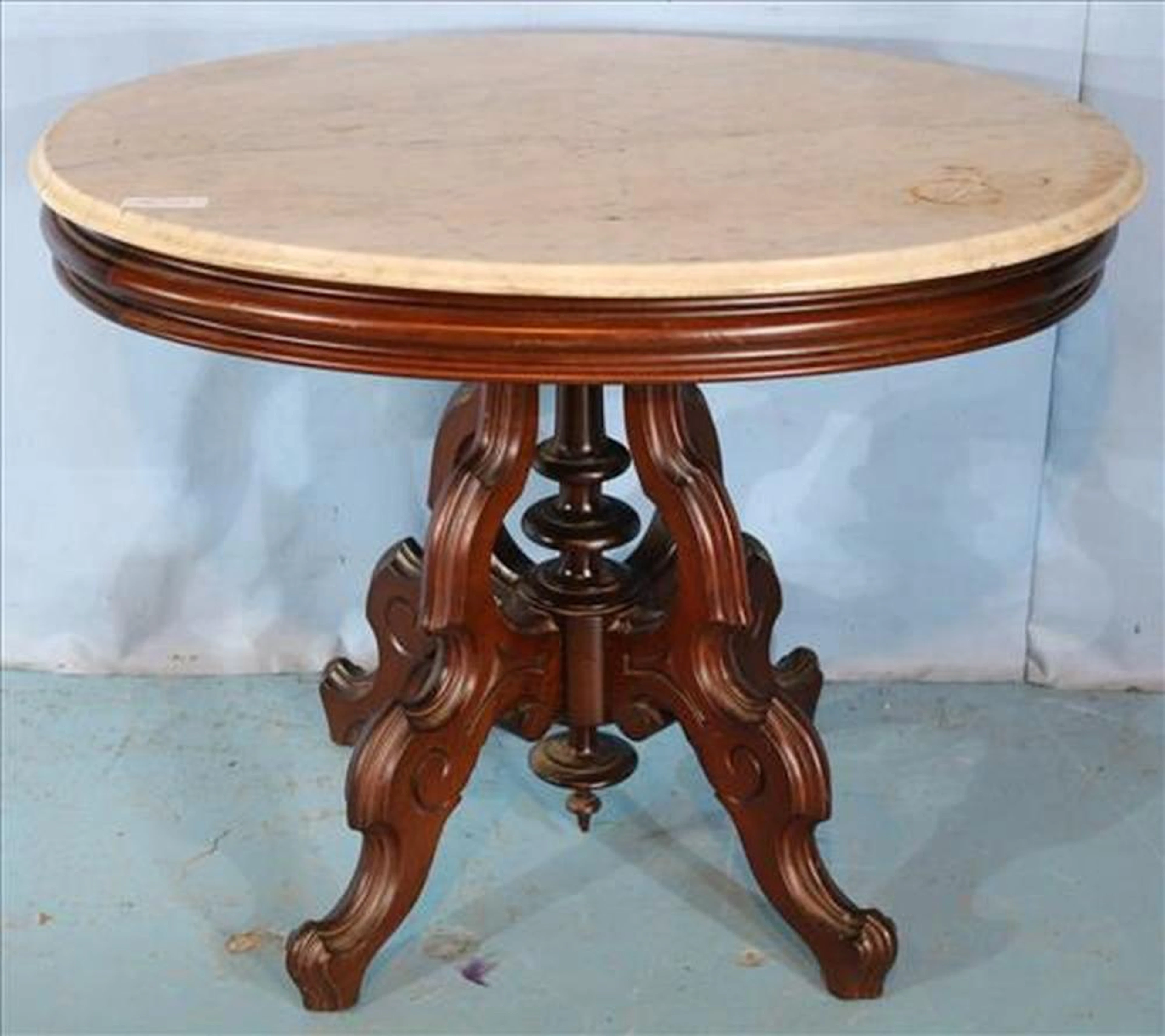 Walnut Victorian marble top oval parlor table