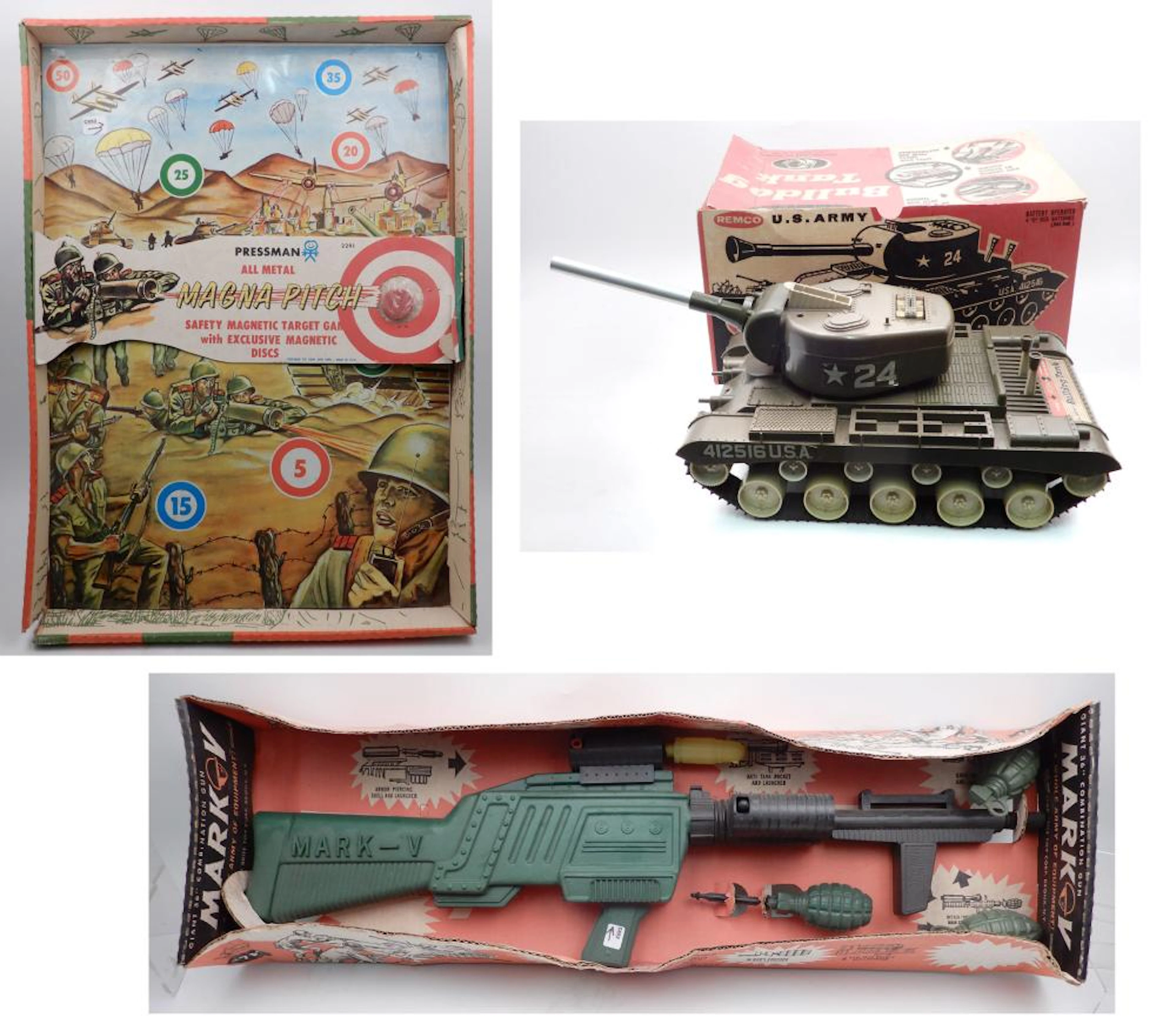 Three toys in original packaging, includes Remco Bulldog tank