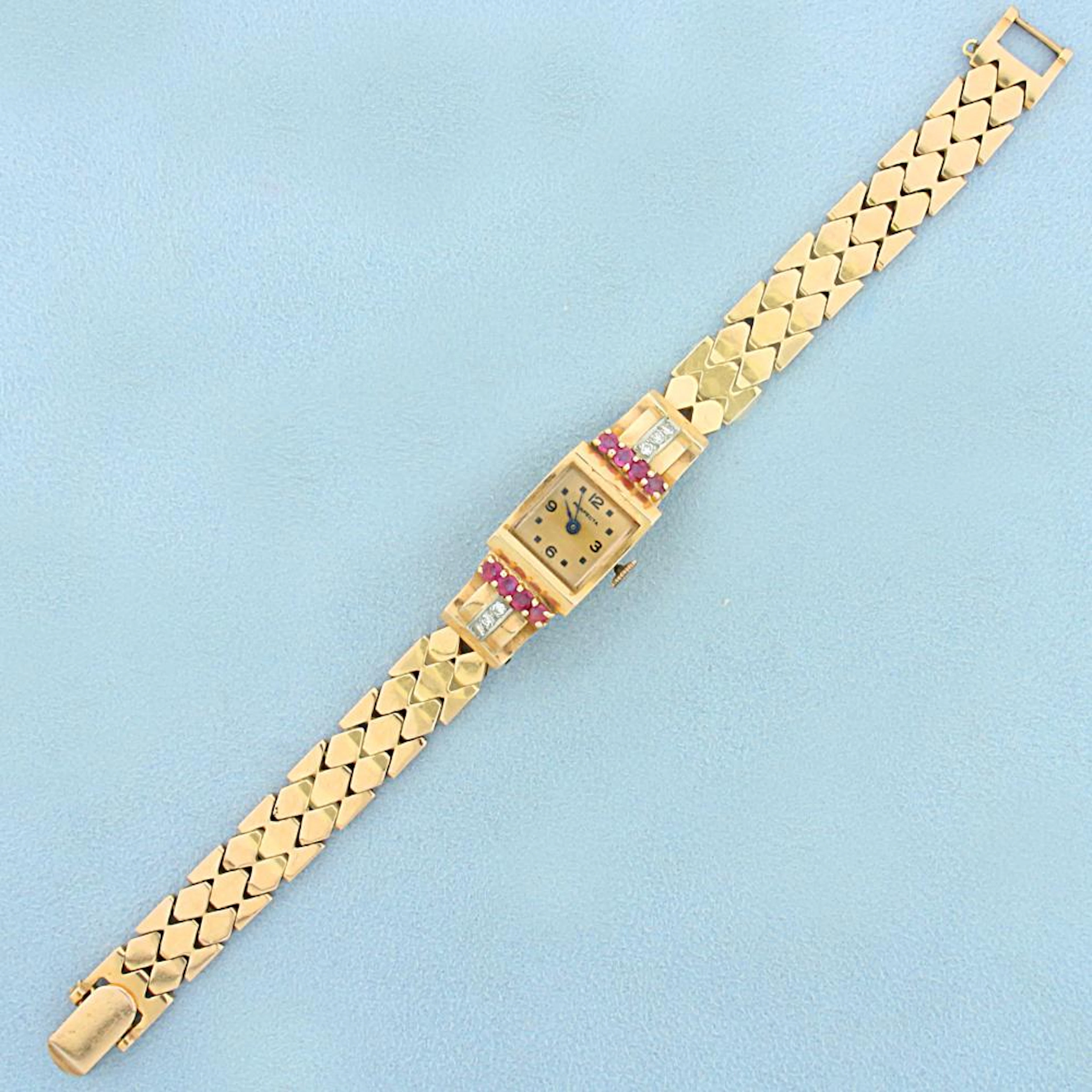 Vintage Ladies Ruby and Diamond Perfecta Watch in Solid 14k Rose Gold